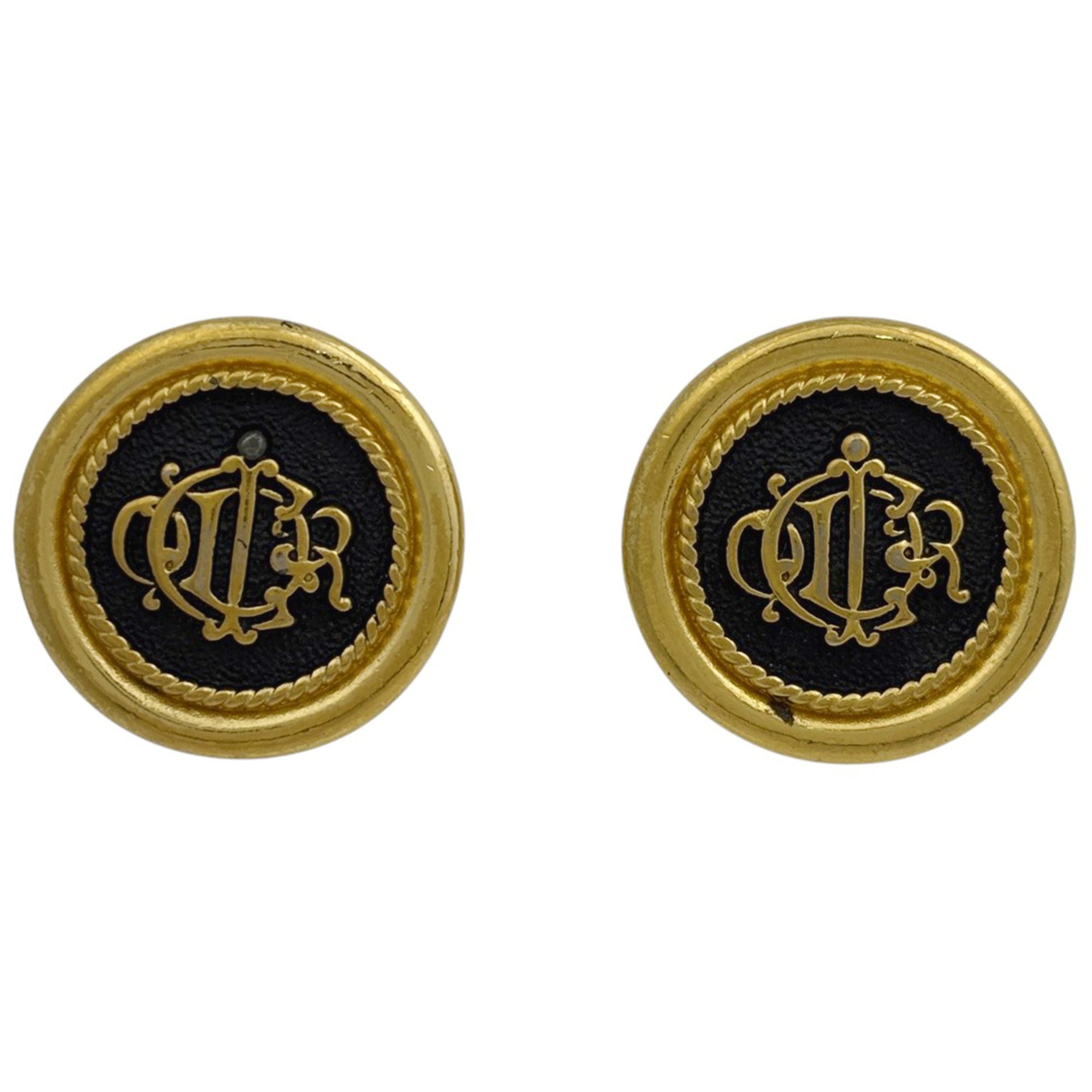 Christian Dior logo round earrings in GP gold and black for women.