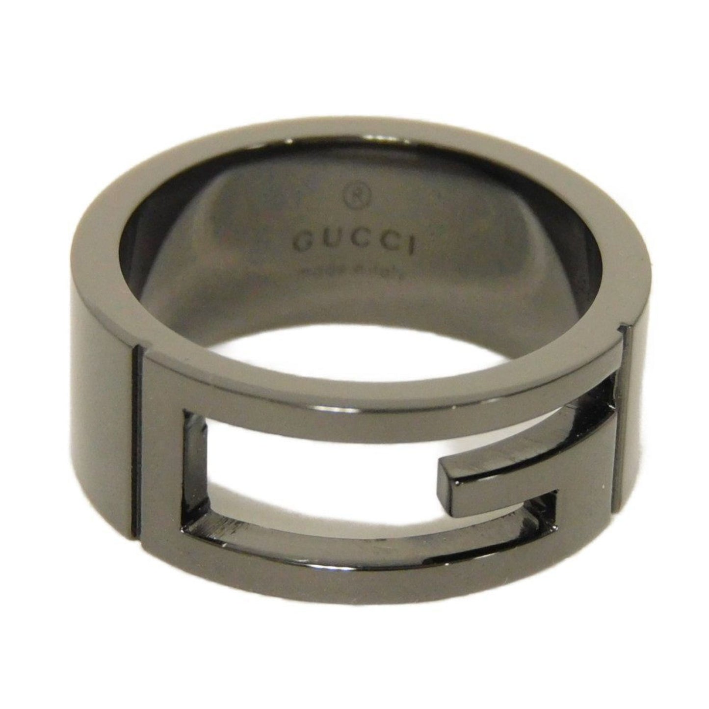 Gucci blunt cutout ring, G13, sterling silver with ruthenium, size 12, AG925 gunmetal, 224028 J8400 8195, for men and women.