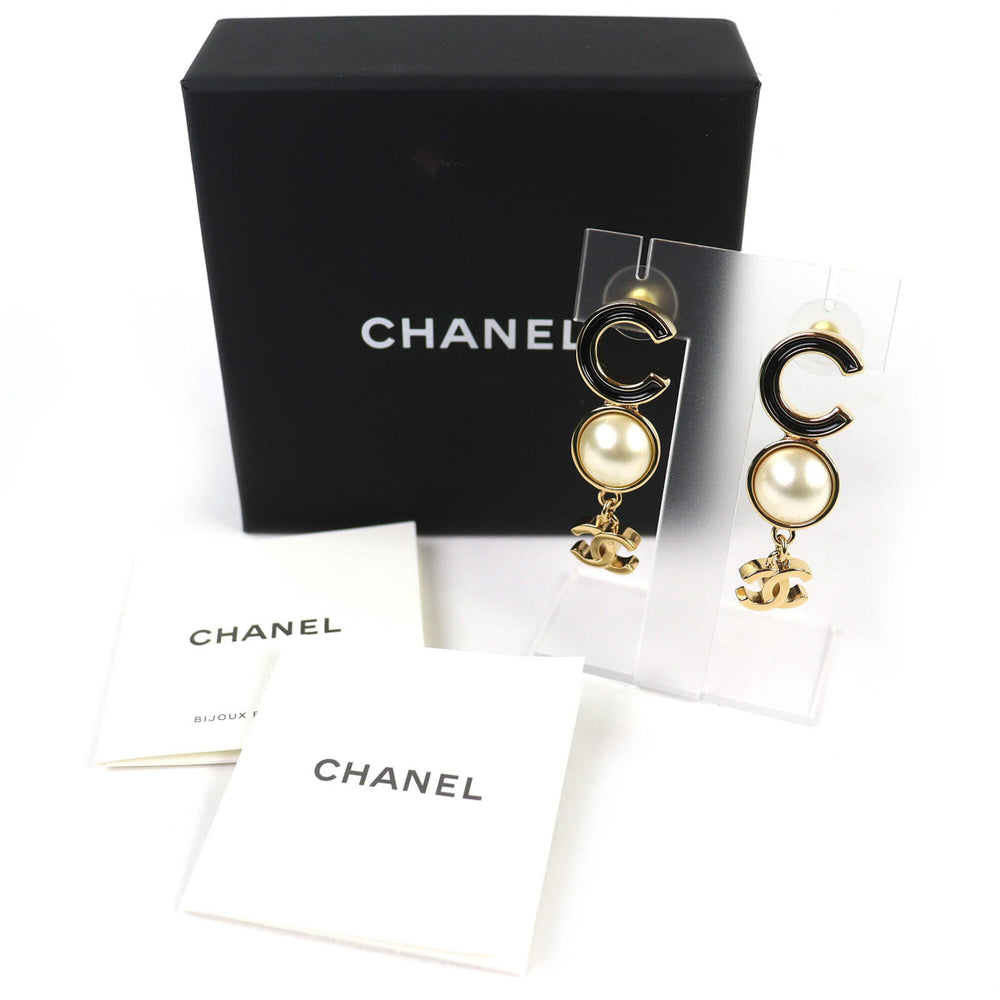 CHANEL ABE234 Coco Mark COCO Logo Faux Pearl Earrings (Pair) Gold Black Made in Italy Women's — Like New