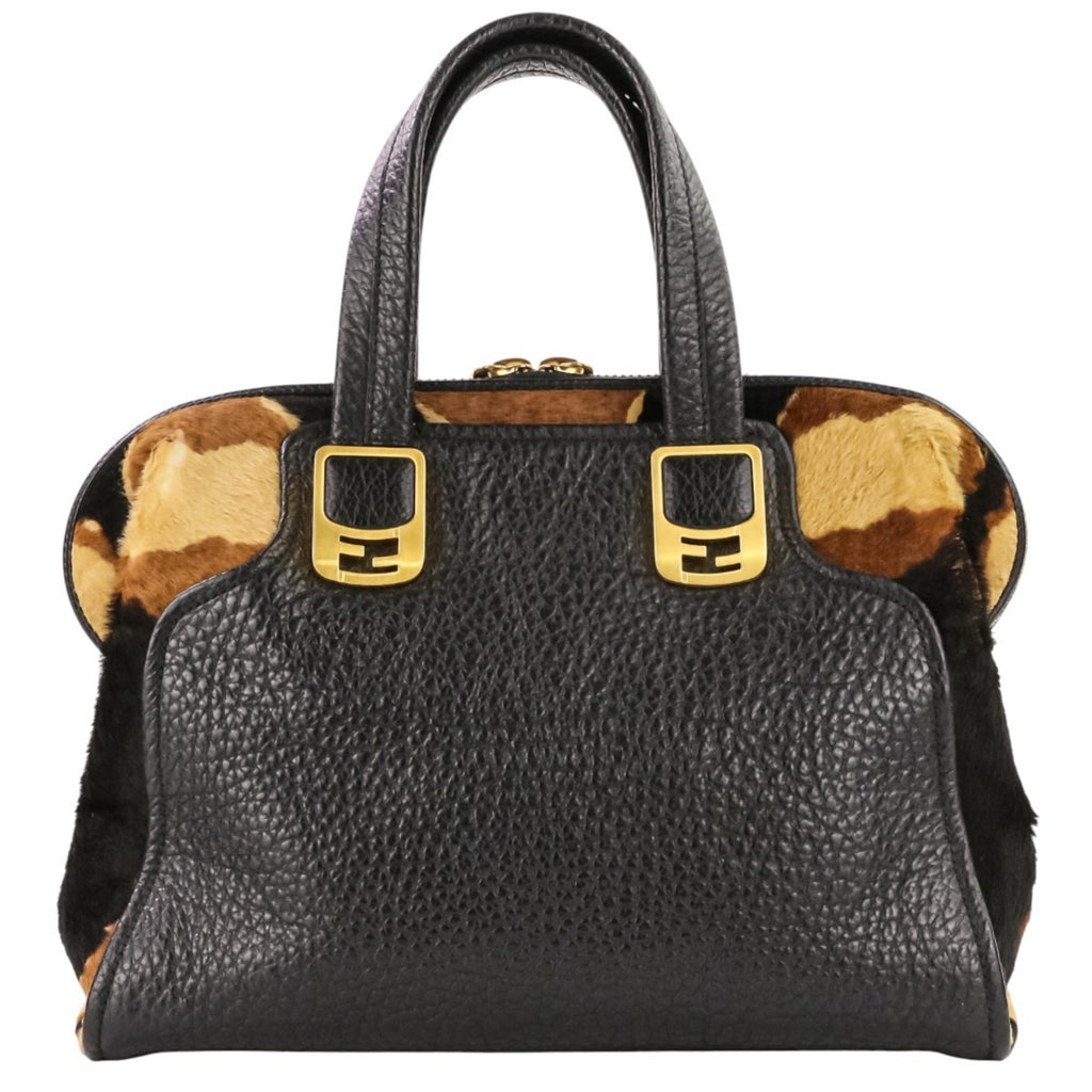 FENDI Chameleon Bag, Leather and Harako 2-Way Handbag, Black Brown, Women's