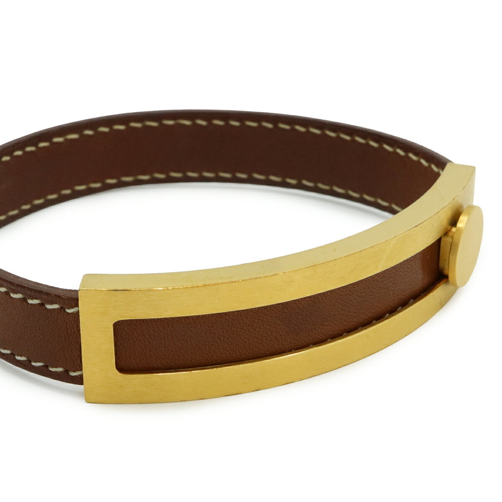HERMES Puspus Bracelet Bangle Leather GP Brown □F Stamp