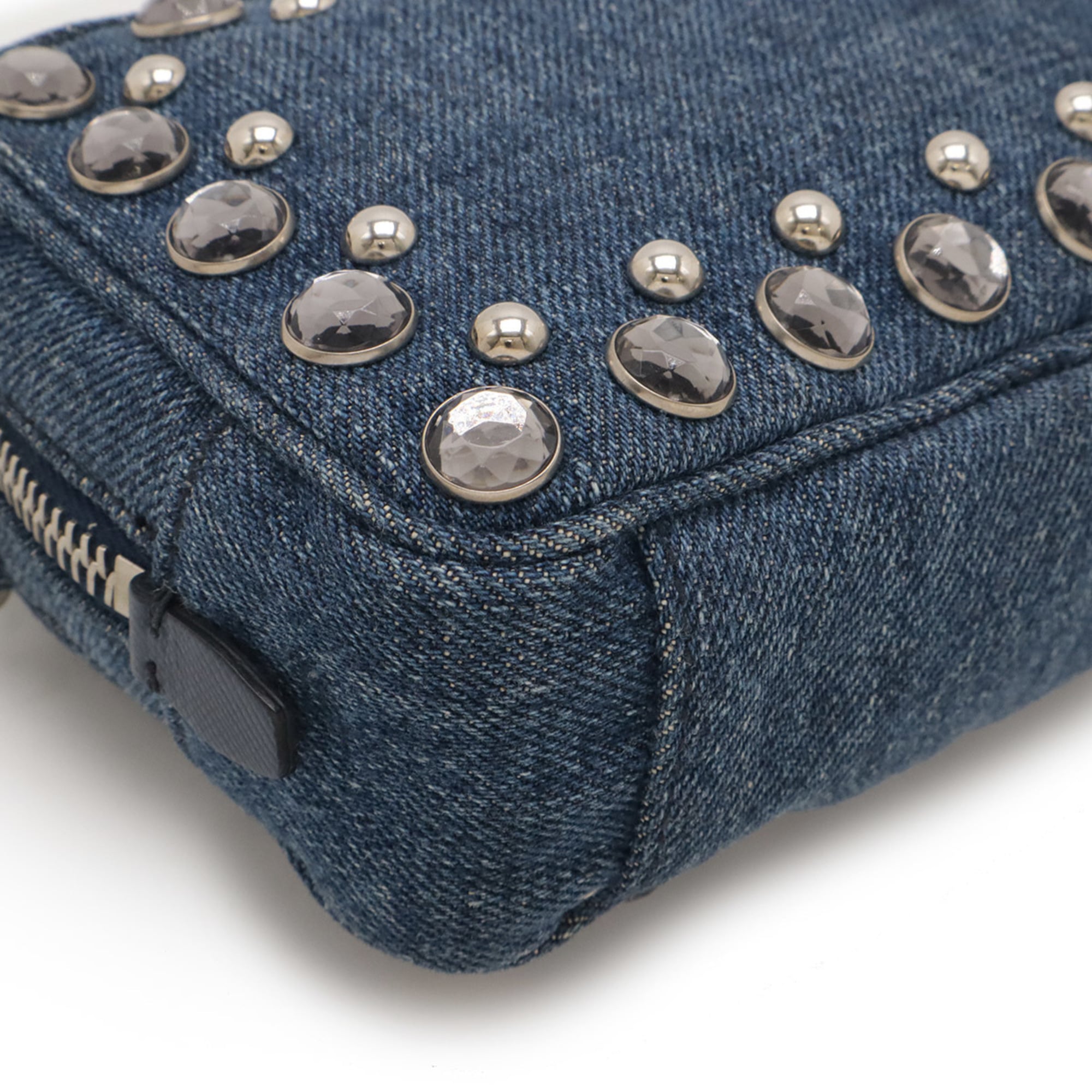 PRADA Prada Shoulder Bag Pochette Pouch Denim Beaded Leather Blue 1N1674
