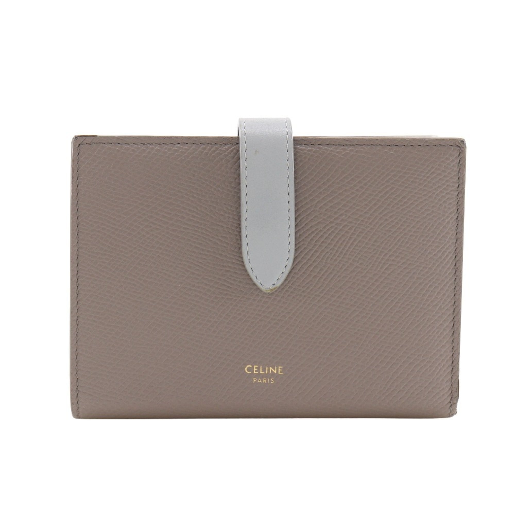 CELINE Medium Strap Wallet Bifold Leather Gray Snap Button Unisex