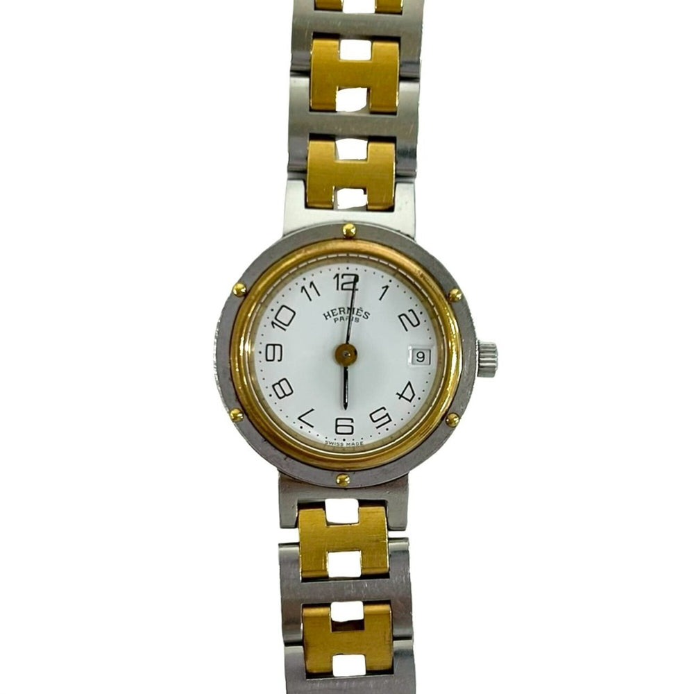 HERMES Vintage Clipper Logo Engraved Stainless Steel GP Wristwatch Silver Gold 40594 — Good