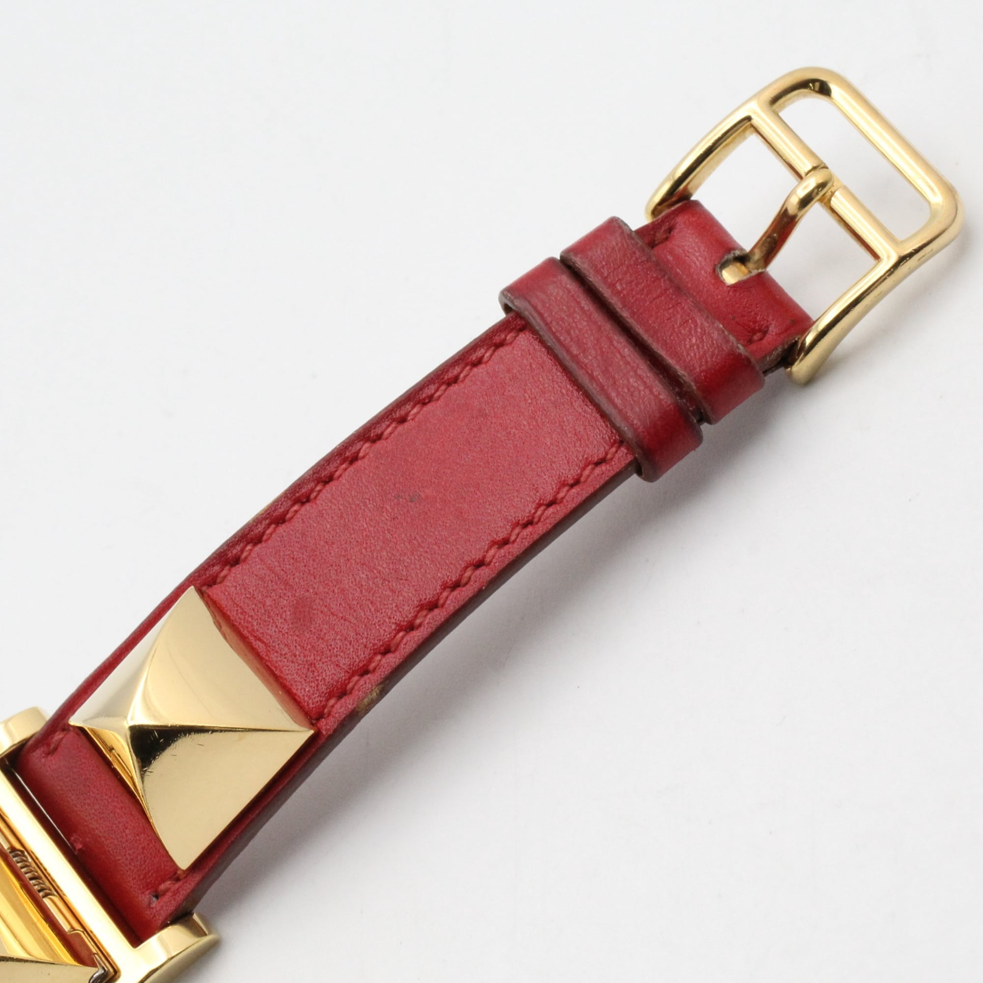 Hermes Medor watch, gold-plated (GP), leather strap, women's, white, ME1.201 — Very Good
