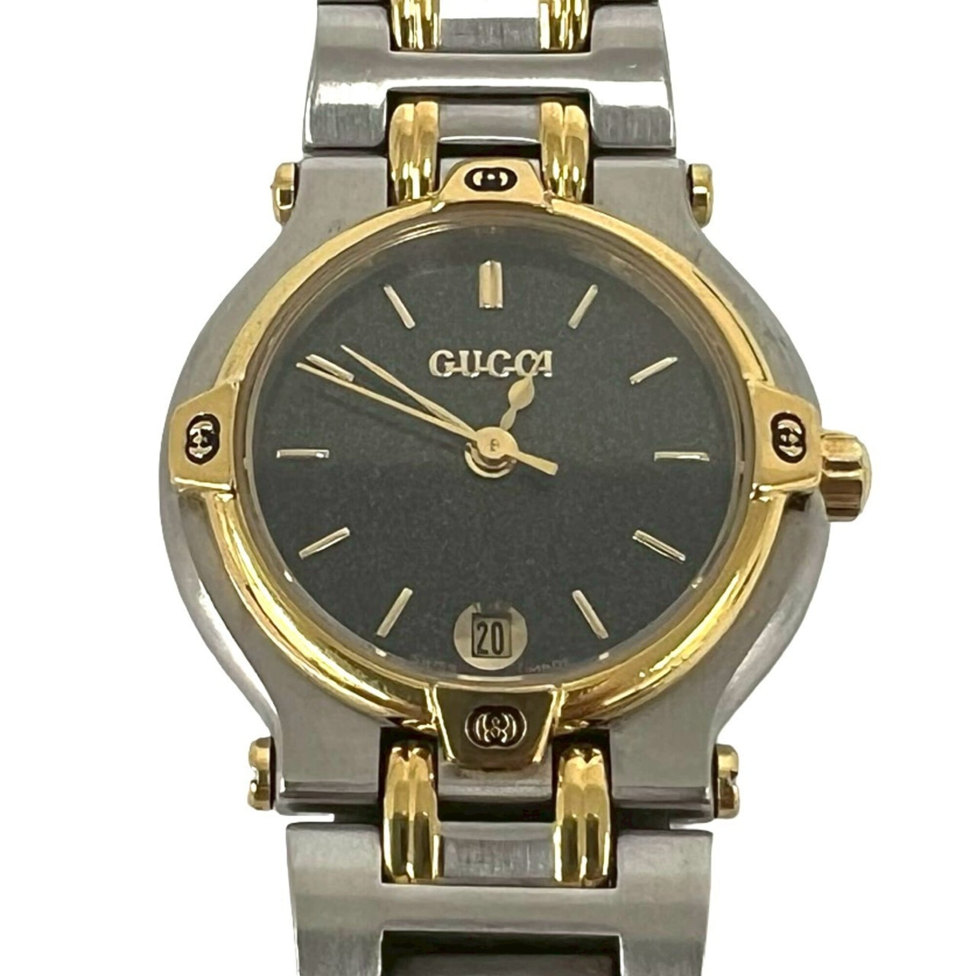 GUCCI 9000L Logo Engraved Stainless Steel Quartz Wristwatch, Silver/Gold, 37789 — Good
