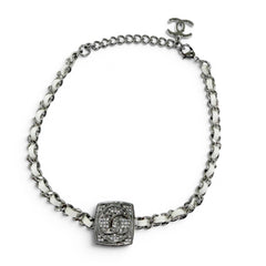 CHANEL (Chanel) 2025 Model B25C Coco Mark Rhinestone Leather Necklace Choker Silver White Made in Italy Women's — Like New