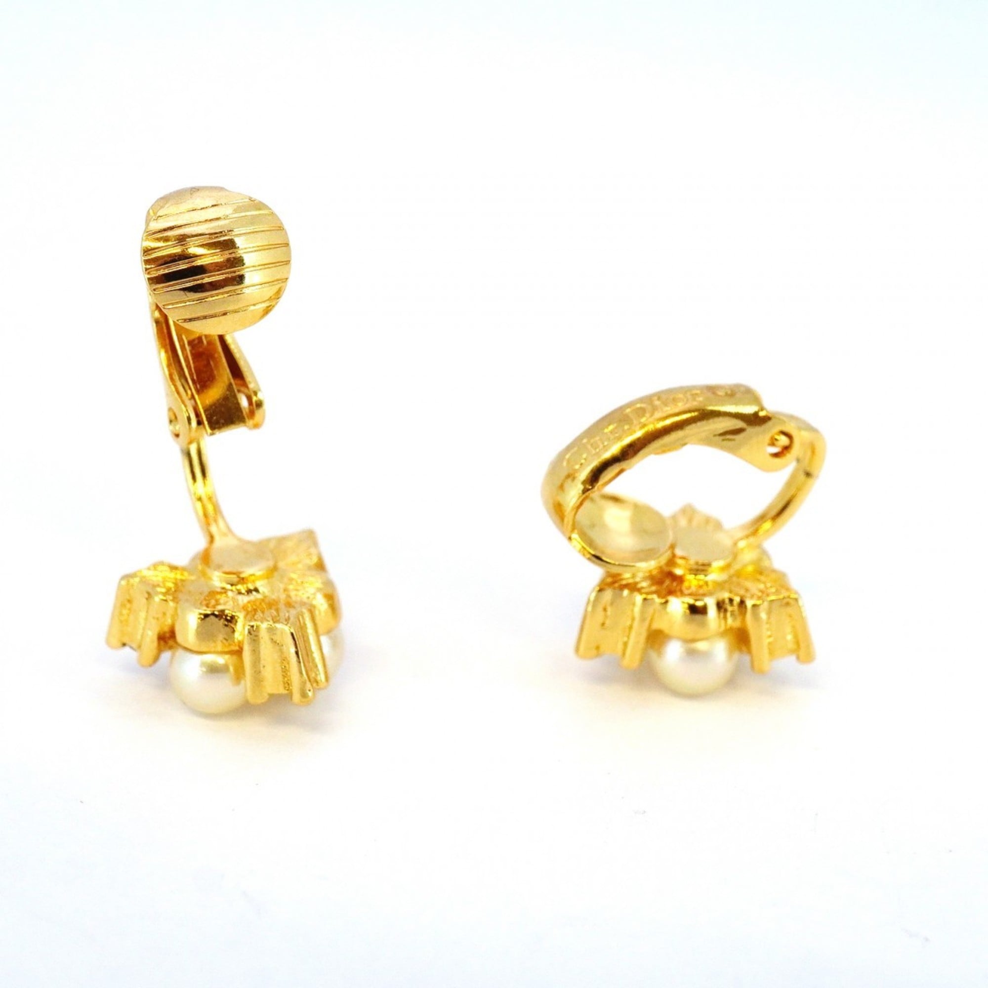 Christian Dior Earrings, GP Plated, Rhinestones, Faux Pearls, Gold, Women's