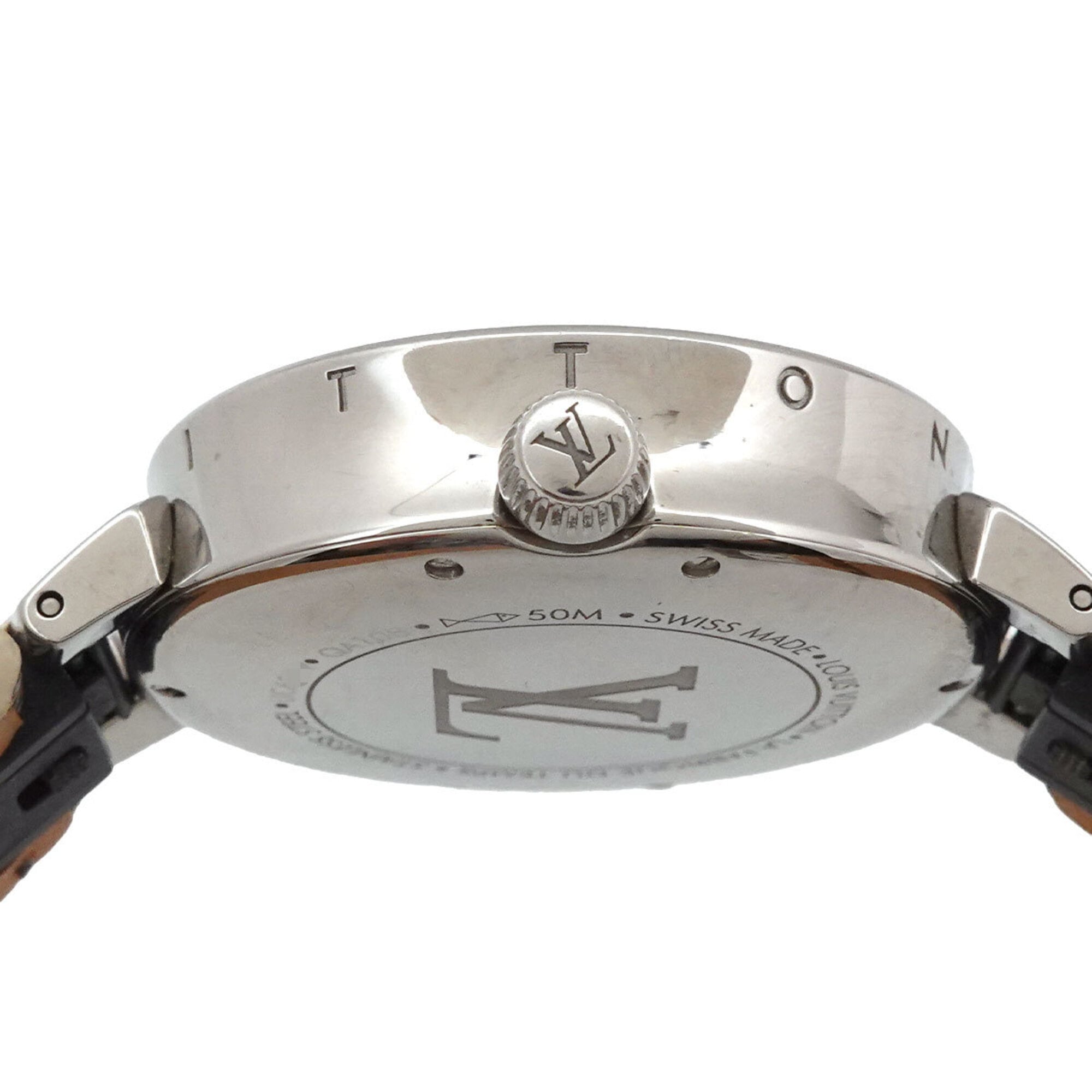Louis Vuitton Tambour Moon Dual Time MM GMT QA108 Ladies' Watch with 12 Diamond Lugs, Black Diamonds, Silver, Quartz Movement — Very Good