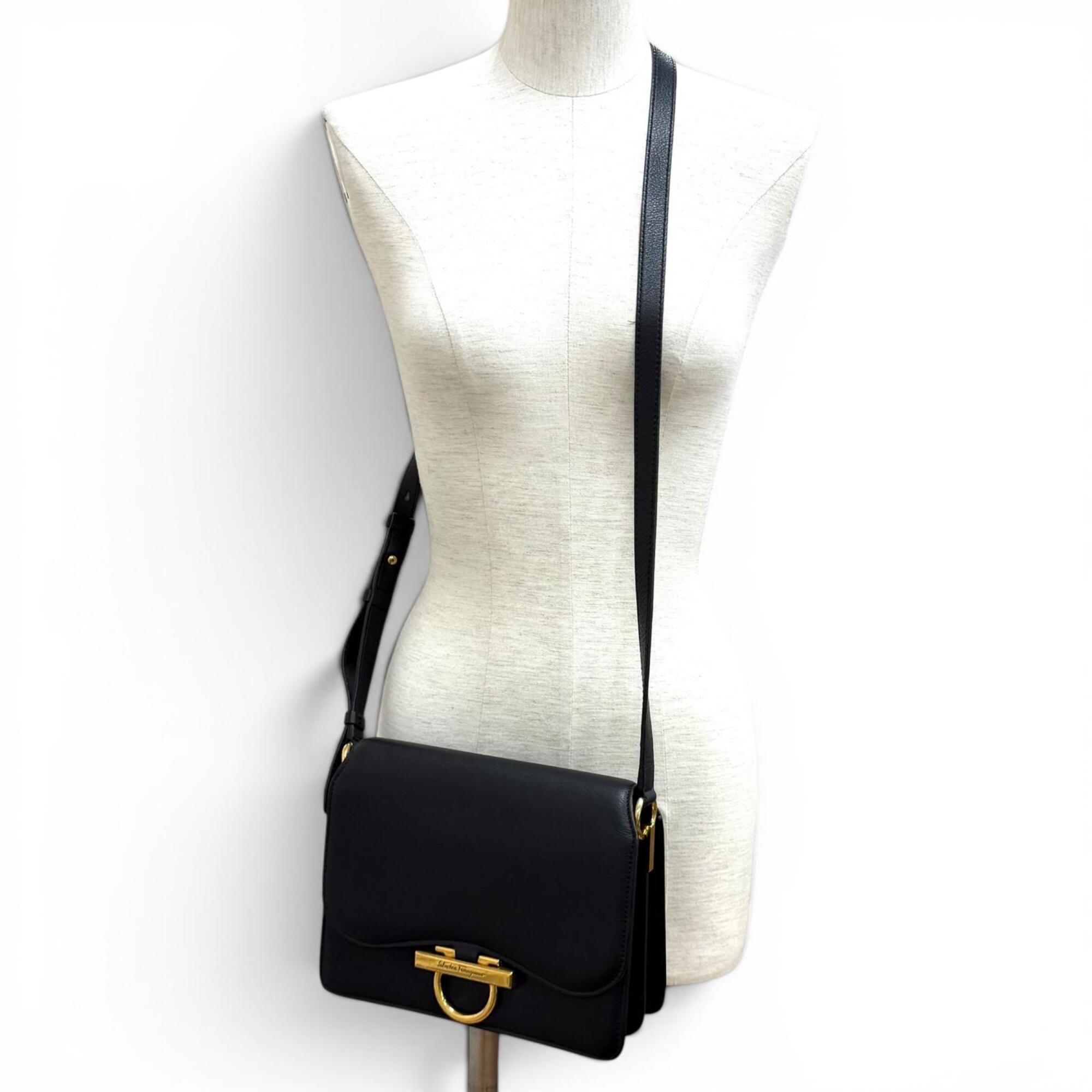 Salvatore Ferragamo Joanne Gancini Calf Leather Shoulder Bag, Black with Gold Hardware, Made in Italy, Women's — Like New