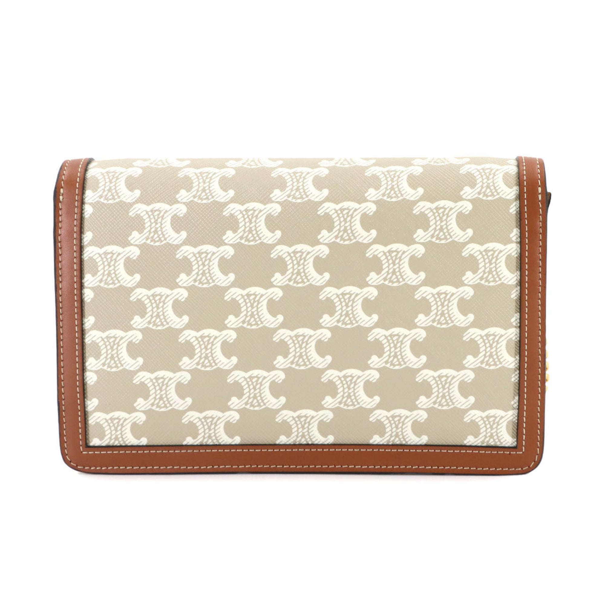 Celine Triomphe Chain Wallet, PVC Leather, Beige and Brown, Gold Hardware, 10L462FI6