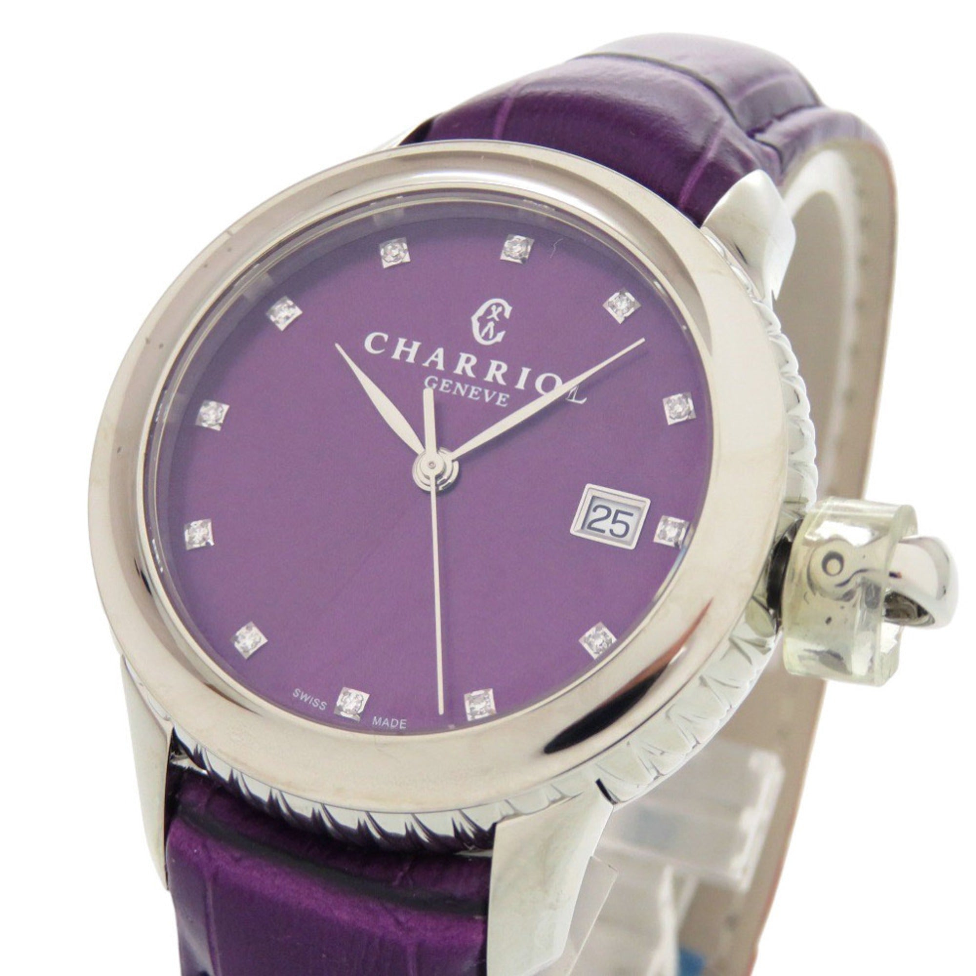 Unused Charriol Columbus 12-Piece Diamond Watch CO36QS.369.003, Stainless Steel Embossed Leather, Purple Dial, Quartz Movement, 0596 CHARRIOL — New - Store Return