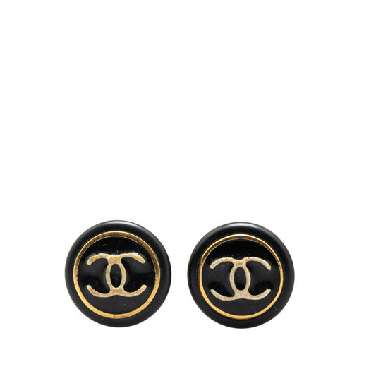 Vintage Chanel Coco Mark Round Earrings in Black and Gold, Plastic with Plated Design, Women's