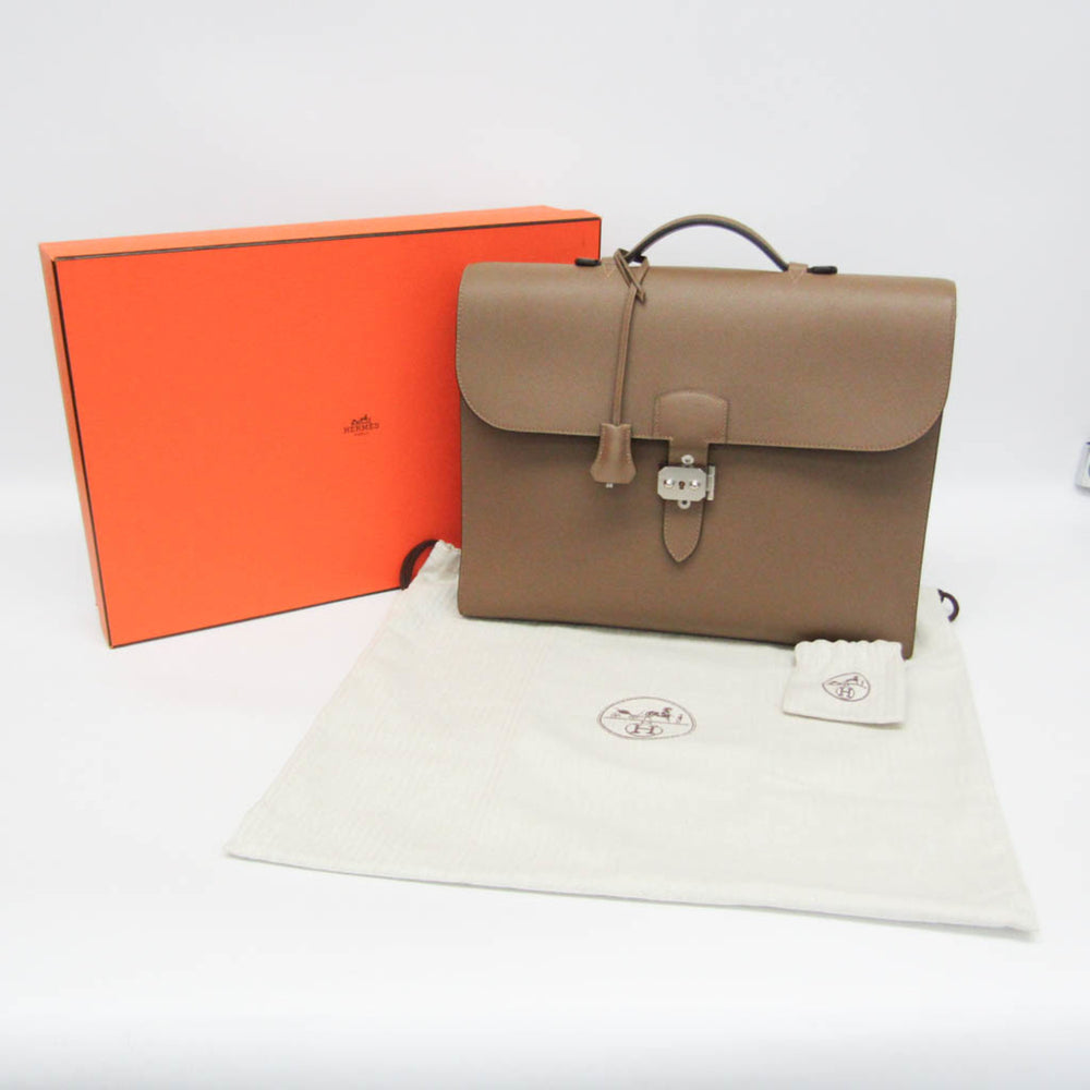 Hermes Sac A Depeche Men's Taurillon Clemence Leather Briefcase,Document Case Etoupe Gray — Like New