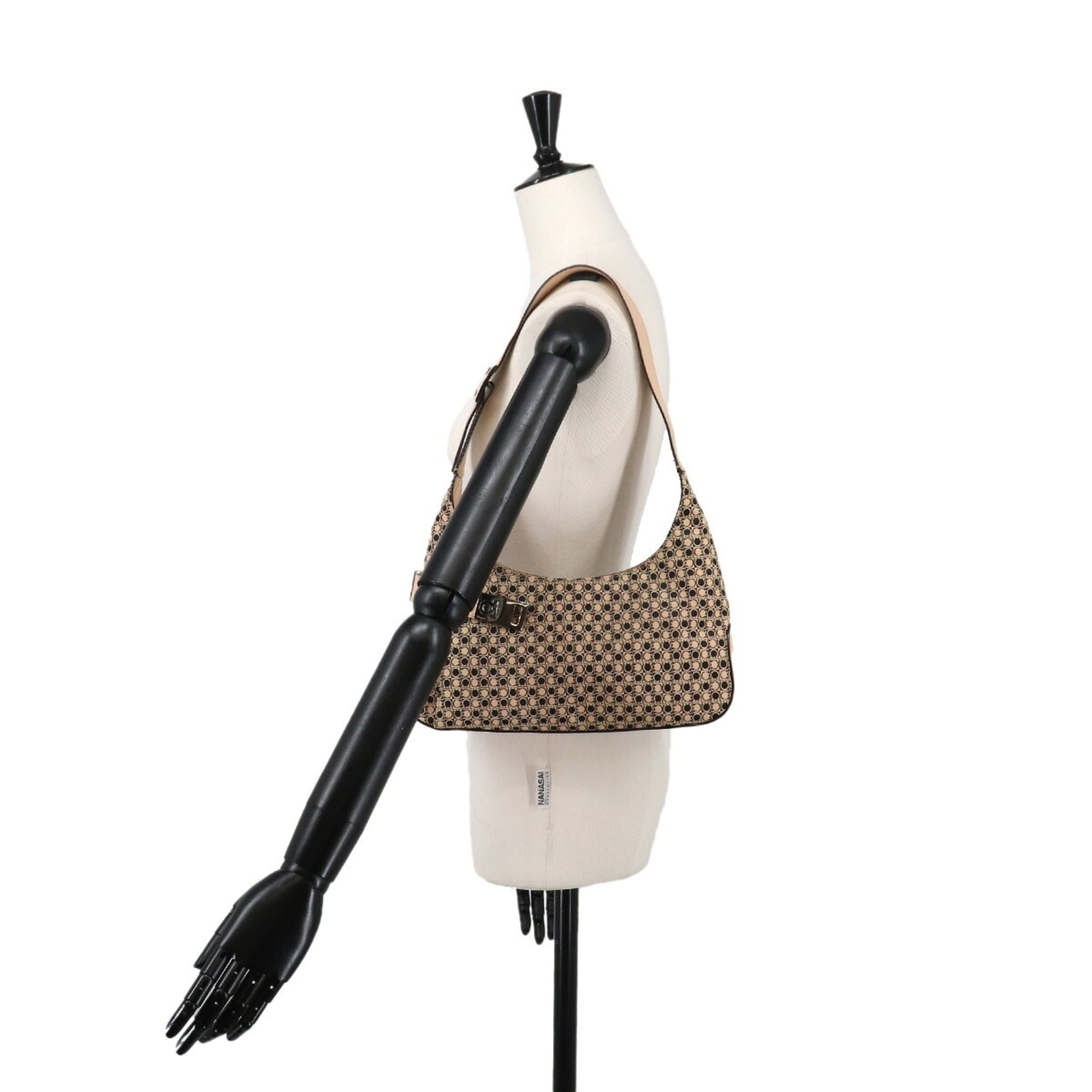 Salvatore Ferragamo Gancini Shoulder Handbag, Canvas and Leather, Beige Black, AQ-21 0201 Bag — Like New