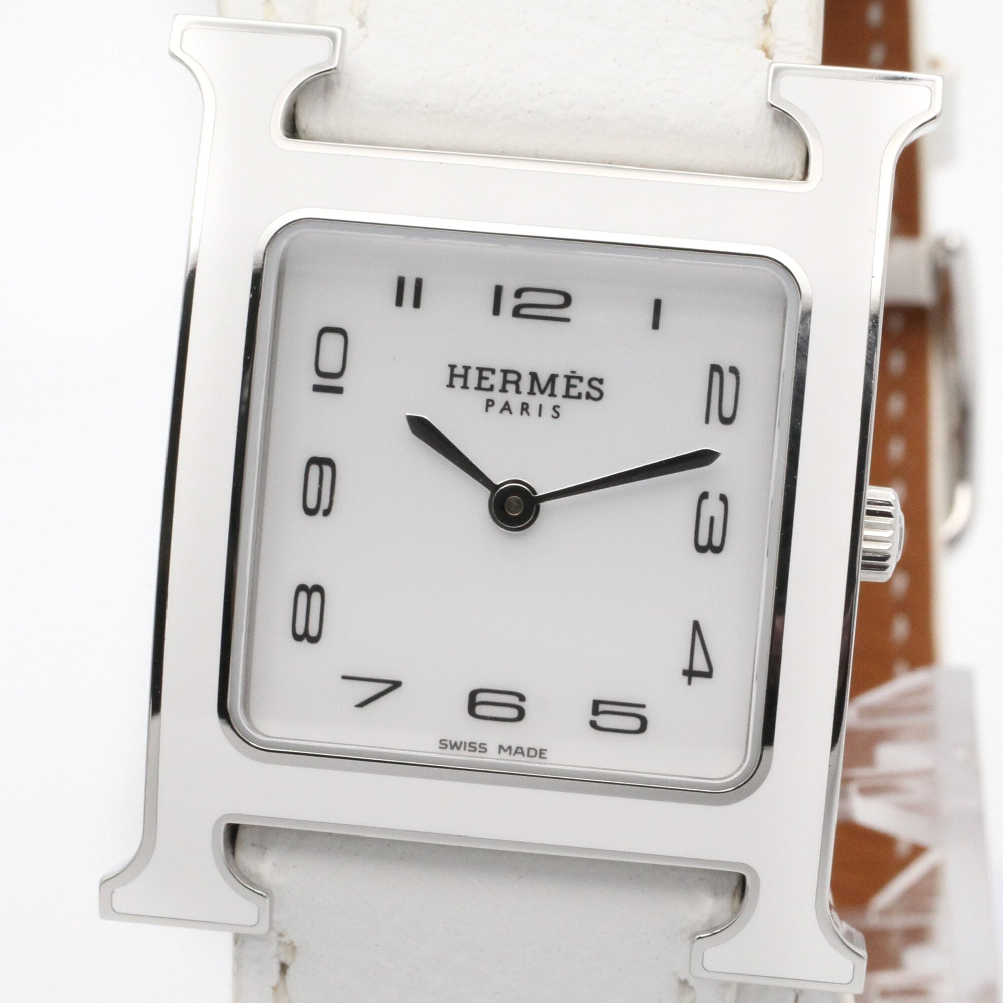Hermes H-Watch Double Tour Wristwatch, Stainless Steel, Leather Strap, Women's, White (HH1.520) — Very Good
