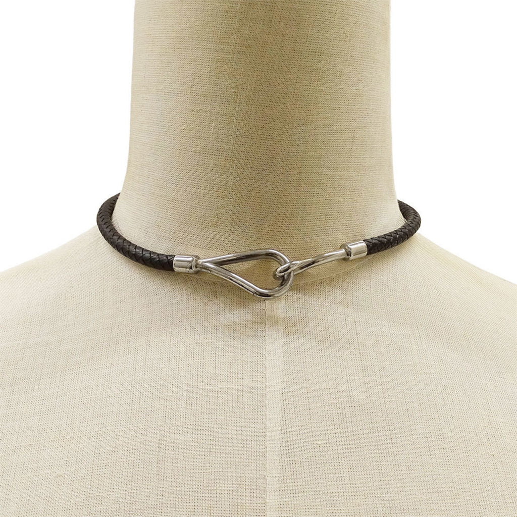 Hermes Hermès Jumbo Leather Choker for Women, Black with Silver Hardware, 2-Way Accessory, Stylish Bracelet Hook