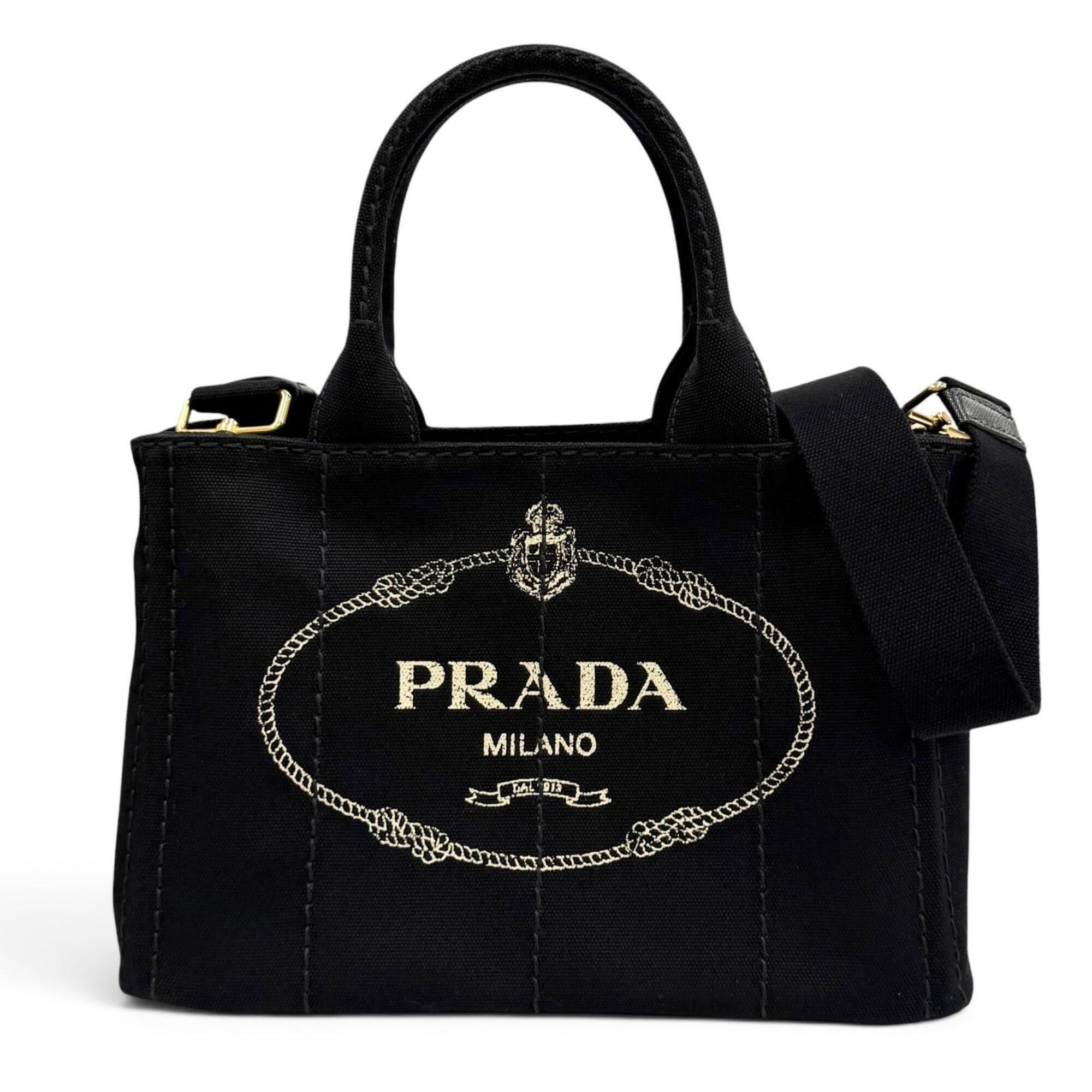 PRADA 1BG439 Canapa NERO Triangle Logo Plate Design Canvas 2-way Tote Bag for Women with Dust — Like New
