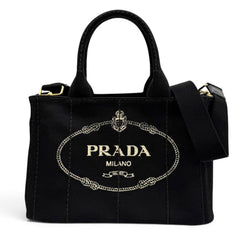 PRADA 1BG439 Canapa NERO Triangle Logo Plate Design Canvas 2-way Tote Bag for Women with Dust — Like New