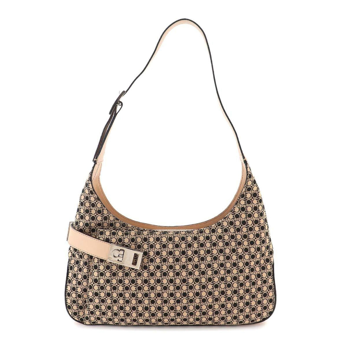 Salvatore Ferragamo Gancini Shoulder Handbag, Canvas and Leather, Beige Black, AQ-21 0201 Bag — Like New