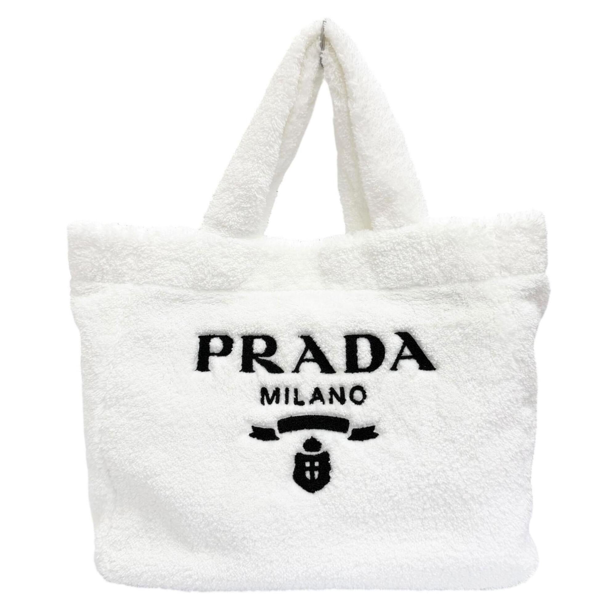 PRADA 1BG130 Terry Tote Bag, Triangle Logo, Large White/Black, Made in Italy, Women's, with Dust Bag — Like New