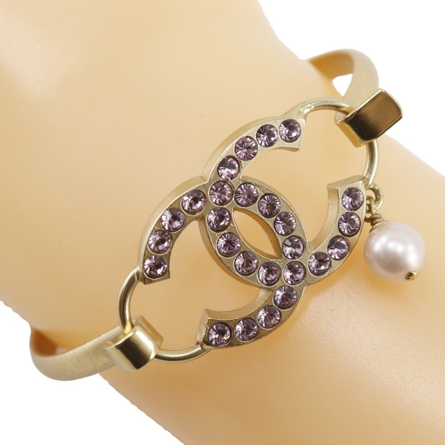 CHANEL Coco Mark Bangle, Gold Plated, Rhinestones, and Faux Pearls, 2002, Pink, 02P, Approx. 15.3g, COCO Mark, Women's