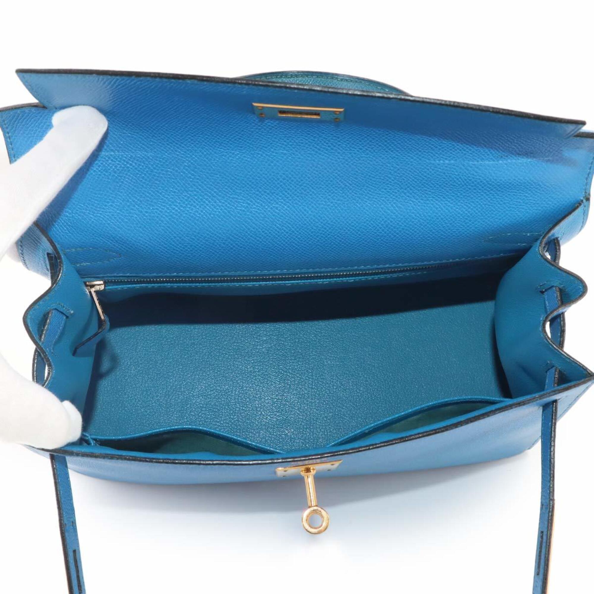 Hermes Kelly 28 2-way Hand/Shoulder Handbag, Courchevel Epsom Leather, Blue France, External Stitching, □A Stamp, Made in 1997, Gold Hardware — Like New