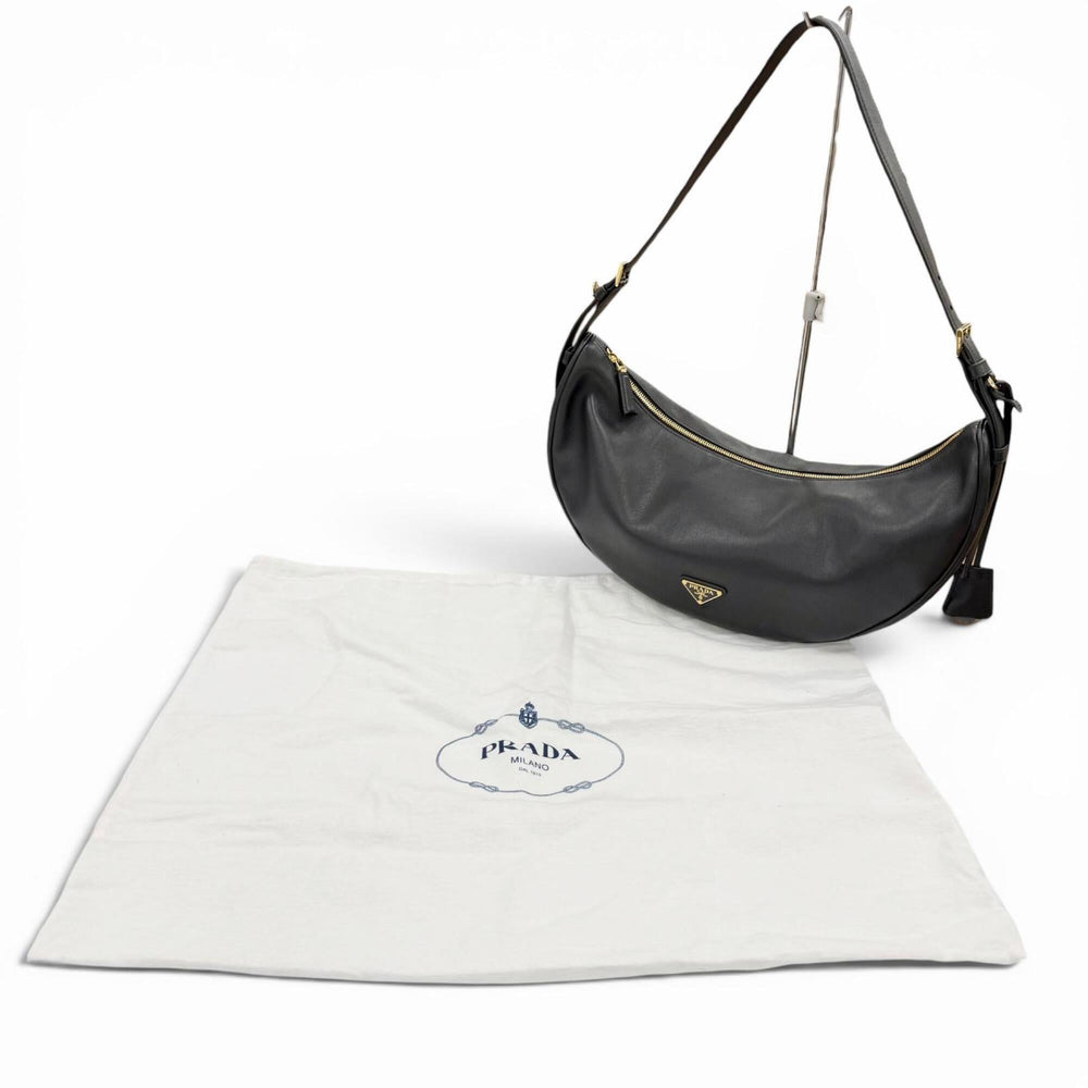 PRADA 1BC255 Demi-Lune Triangle Logo Leather Shoulder Bag, Black, Made in Italy, Women's, with Dust Bag — Like New