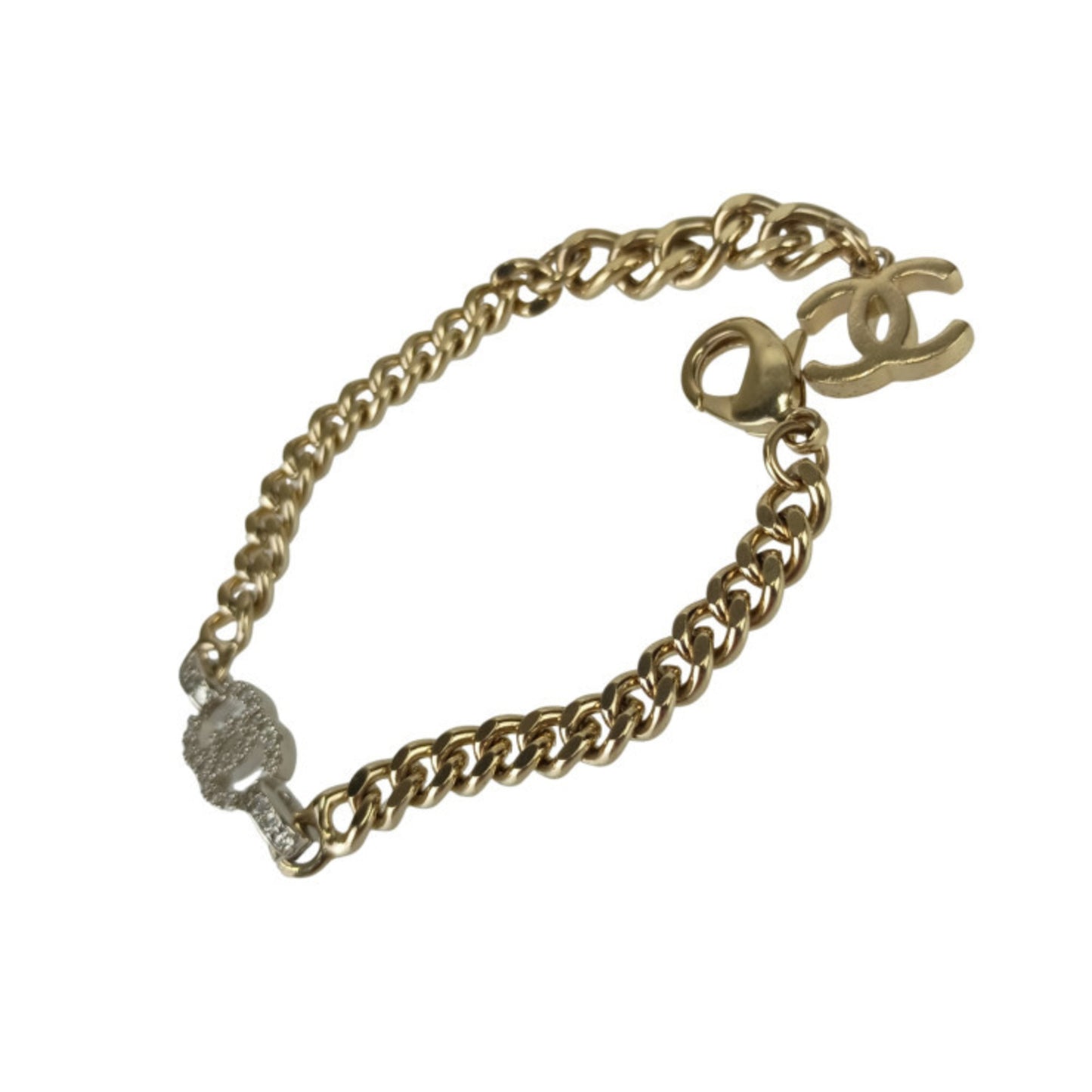 CHANEL Coco Mark Wristwear Chain Bracelet in Gold and Silver Metal with Rhinestones, Women's, B22, Size S