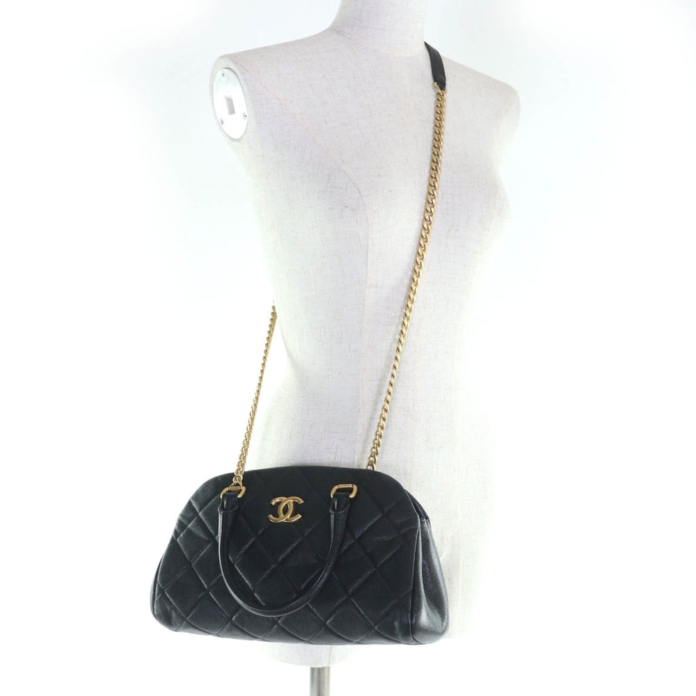 CHANEL AS3893 Caviar Skin Matelassé Coco Mark 2-Way Bowling Bag Handbag Black Gold Hardware Comes with Box and Dust Made in Italy Women's — Like New