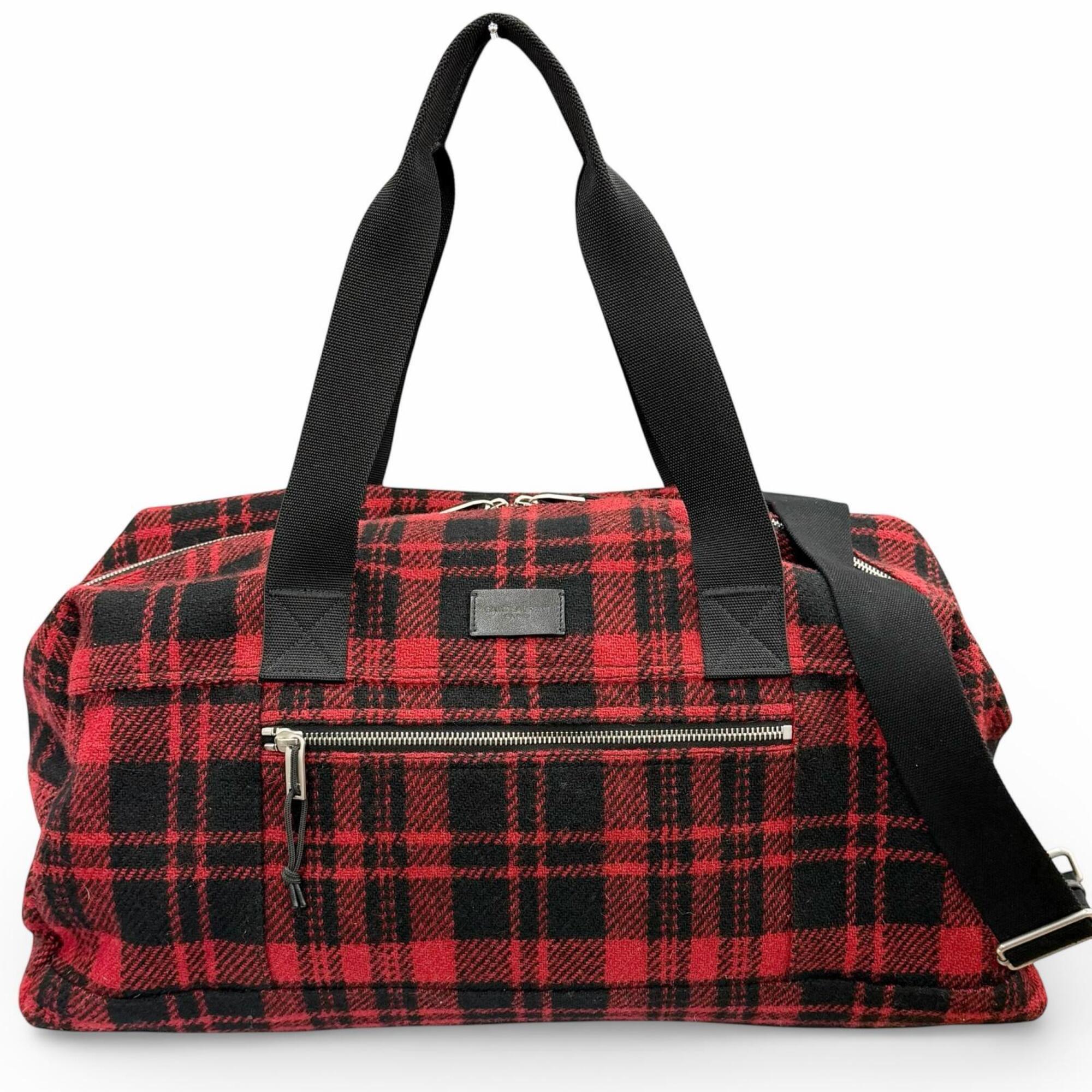 Yves Saint Laurent SAINT LAURENT PARIS 594400 Wool Leather Check Pattern 2-Way Duffle Bag/Boston Bag with Logo Patch, Red/Black, Made in Italy, Suitable for Women and Men — Like New