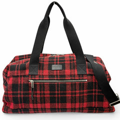 Yves Saint Laurent SAINT LAURENT PARIS 594400 Wool Leather Check Pattern 2-Way Duffle Bag/Boston Bag with Logo Patch, Red/Black, Made in Italy, Suitable for Women and Men — Like New