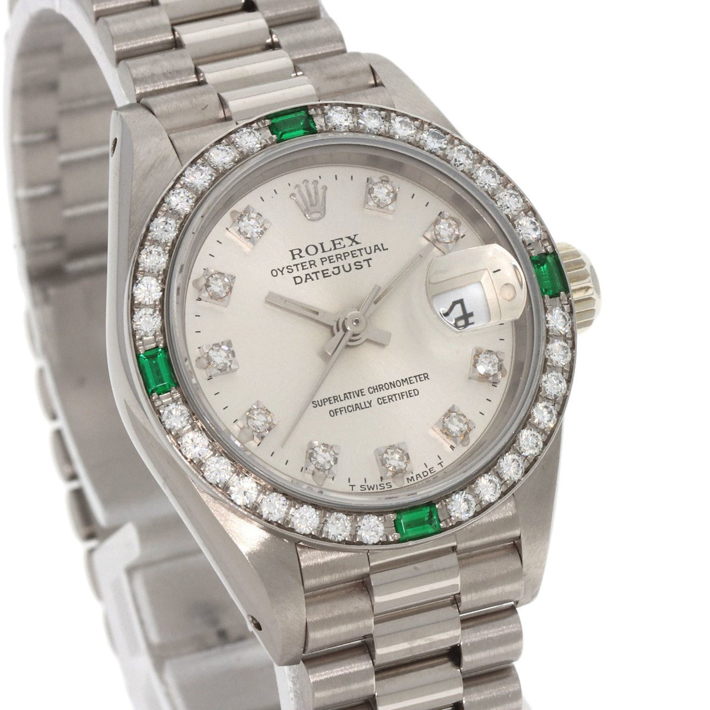 Rolex 69079G Datejust Diamond and Emerald Watch in 18K White Gold/18KWG with Diamonds, Women's