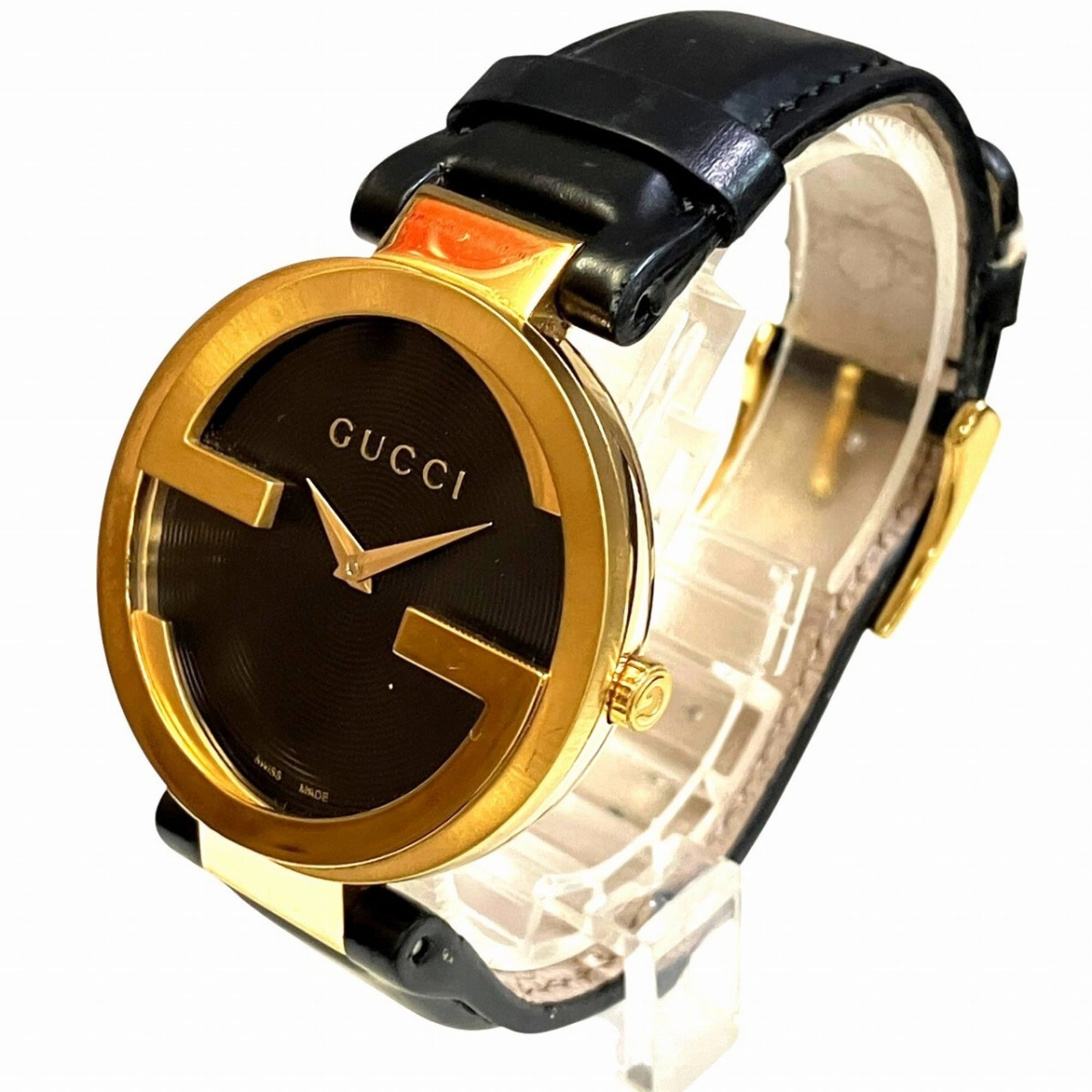 Gucci Interlocking Watch, Total Weight 41.2g, Stainless Steel, Genuine Leather Strap, Quartz Movement, Black Dial, 133.3 — Good