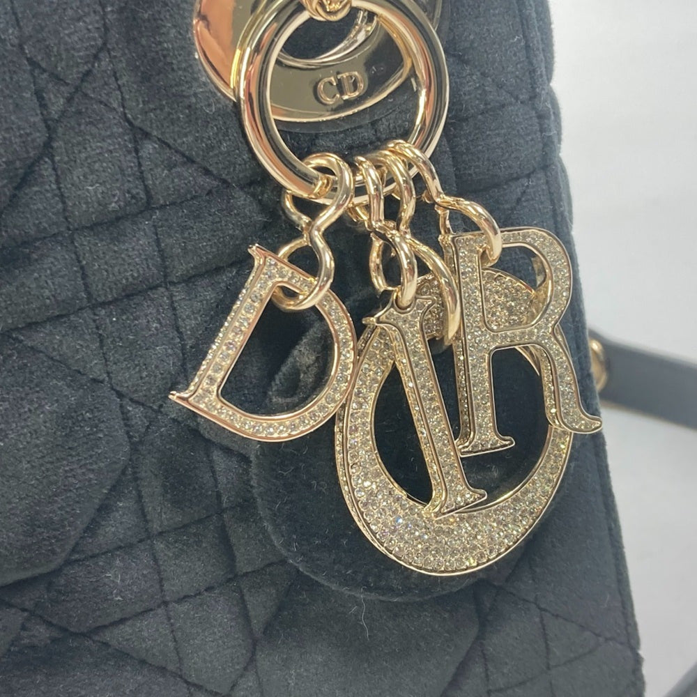 Christian Dior Dior Lady Chain Cannage Rhinestone Shoulder Bag Handbag Velour Leather Women's Black — New - Store Return