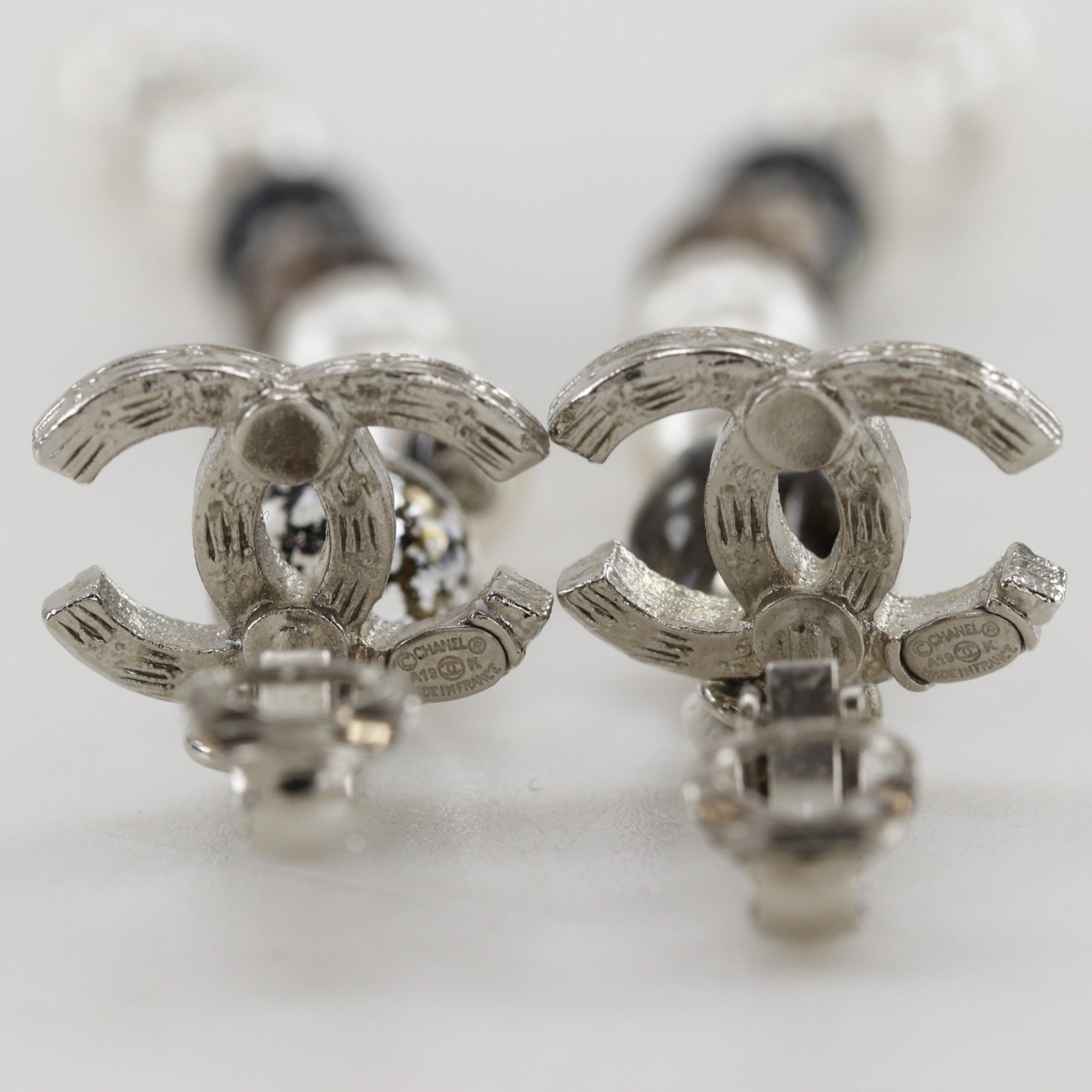 Chanel Coco Mark Earrings, Long, Metal x Faux Pearl Rhinestone, 2019 Model, Silver, A19K Gold, Approx. 11.0g, Women's — Like New