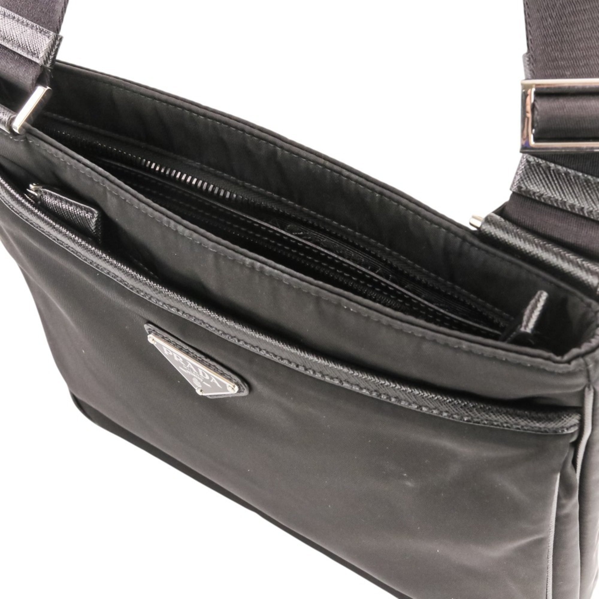 PRADA Re-Nylon Saffiano Leather Triangle Logo Plate Shoulder Bag 2VH118 Black (Men's & Women's) — Like New