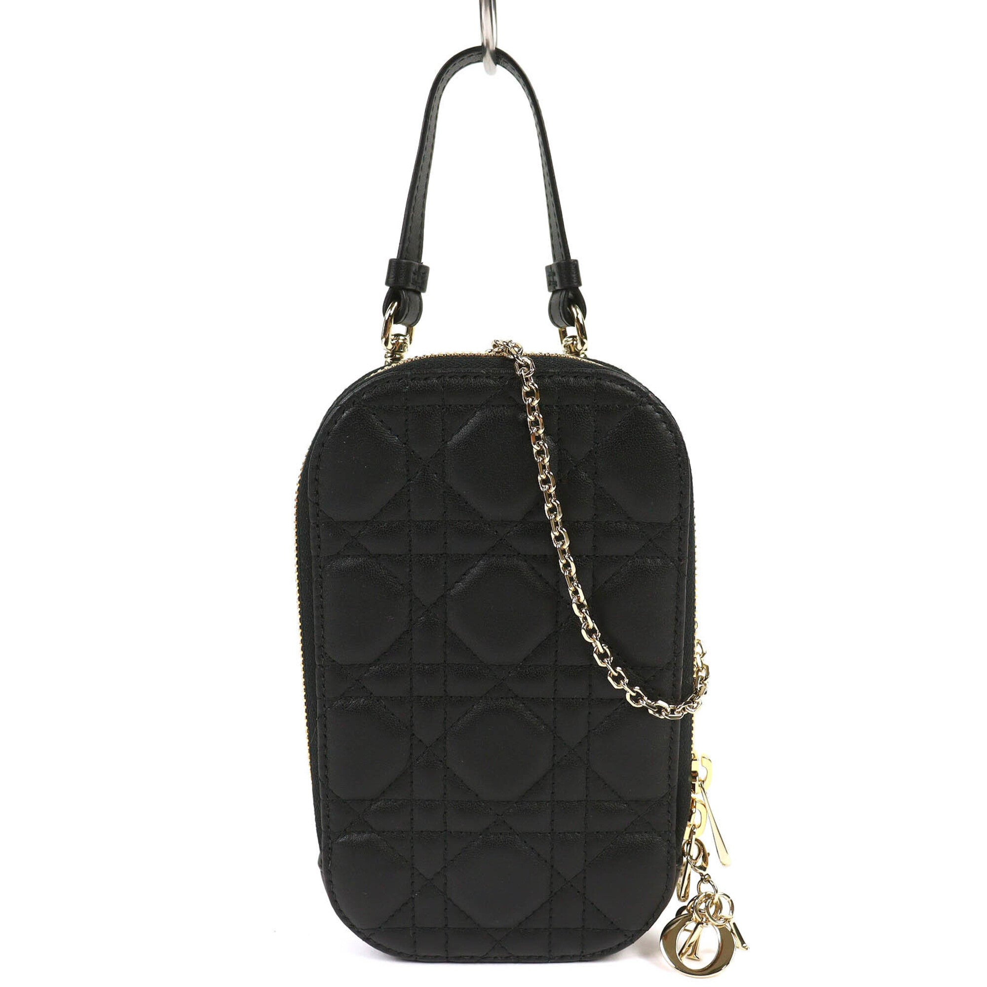 Christian Dior S0872ONMJ Lady Cannage Phone Pouch, Lambskin, Black, Gold Hardware, Made in Italy, Women's — Like New