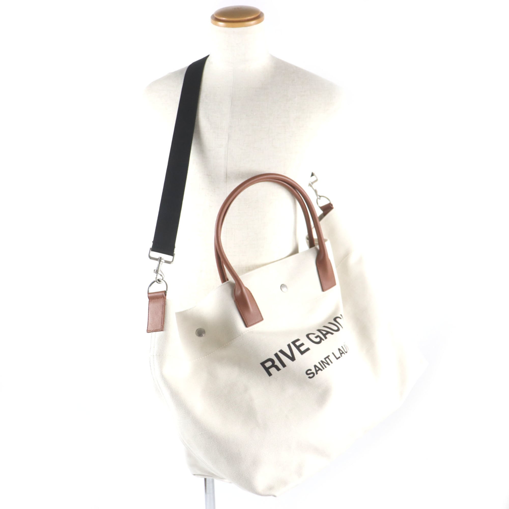 SAINT LAURENT 685543 Rive Gauche Maxi 2-Way Shopping Bag, Canvas and Leather Tote Beige Brown, Includes Dust Made in Italy, Men's — Like New
