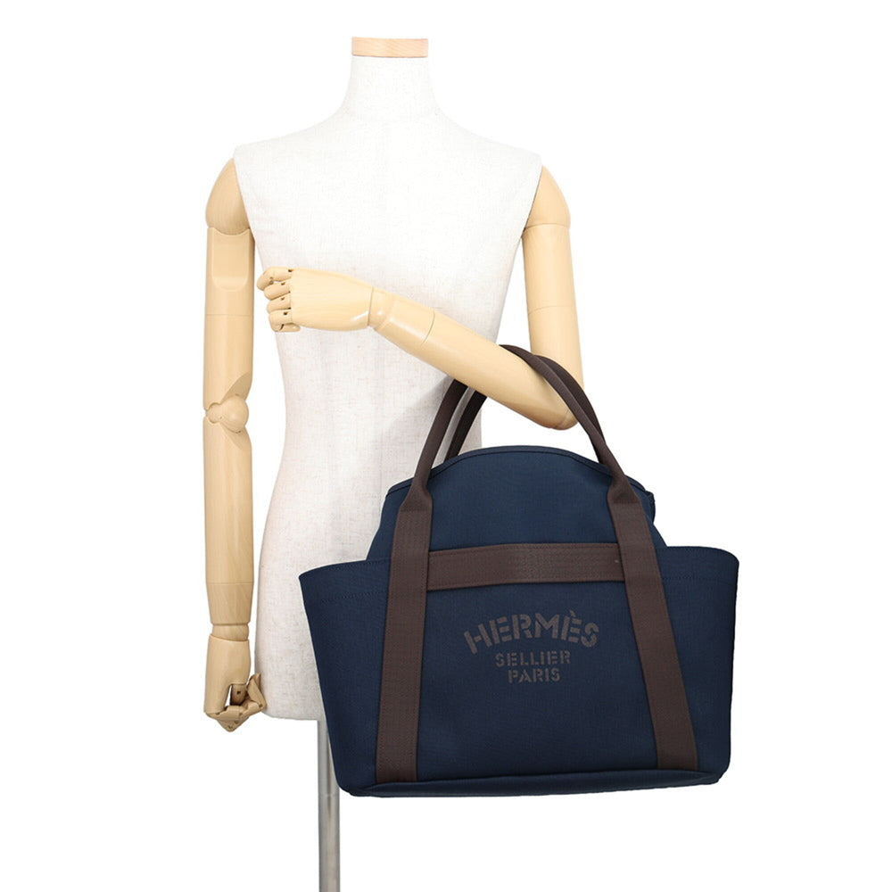 Hermes Sac de Pansage Groom Navy Feu Toile Chevron Canvas K Stamp HERMES Handbag — Like New