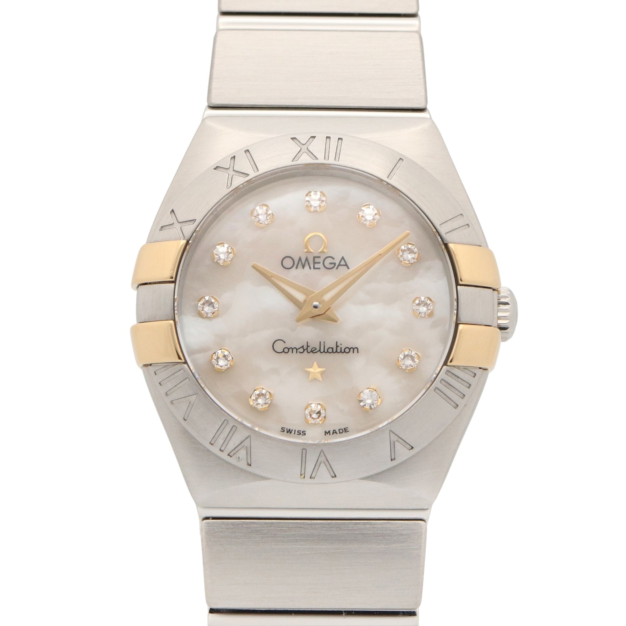 Omega Constellation 12-Diamond Watch, 18K Yellow Gold Stainless Steel, Diamond, Ladies', White/White Mother-of-Pearl, 123.20.24.60.55.006 — Very Good