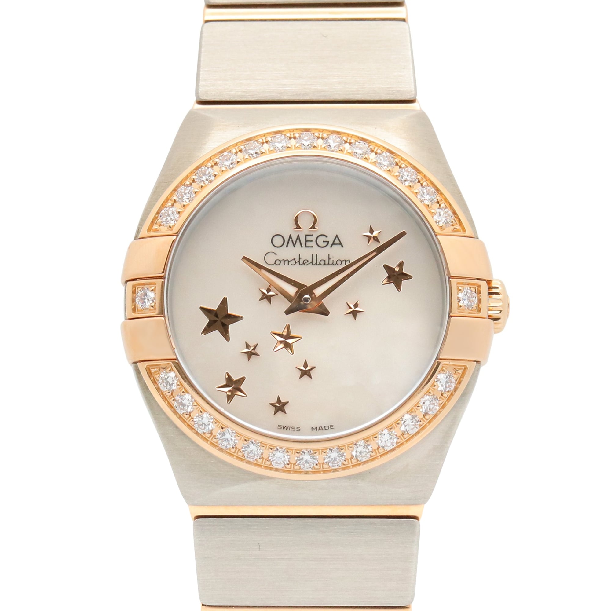 Omega Constellation Star Blue Diamond Bezel Watch, 18K Pink Gold (PG) Stainless Steel, Diamond, Ladies', White/White Mother-of-Pearl, 123.25.24.60.05.002 — Very Good