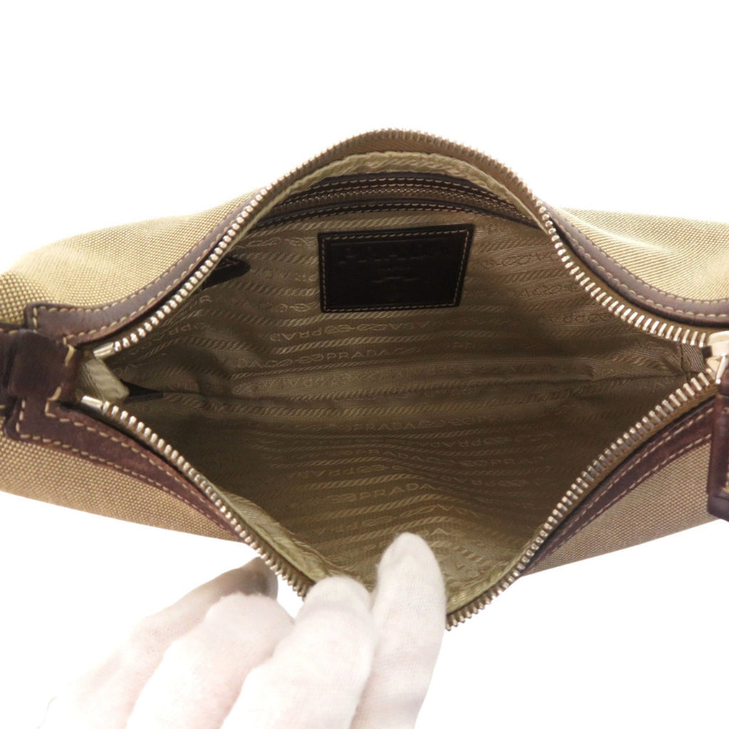 Excellent condition Prada logo jacquard canvas bag BR3429 with silver hardware, semi-shoulder or one-shoulder style, brown leather, 0505