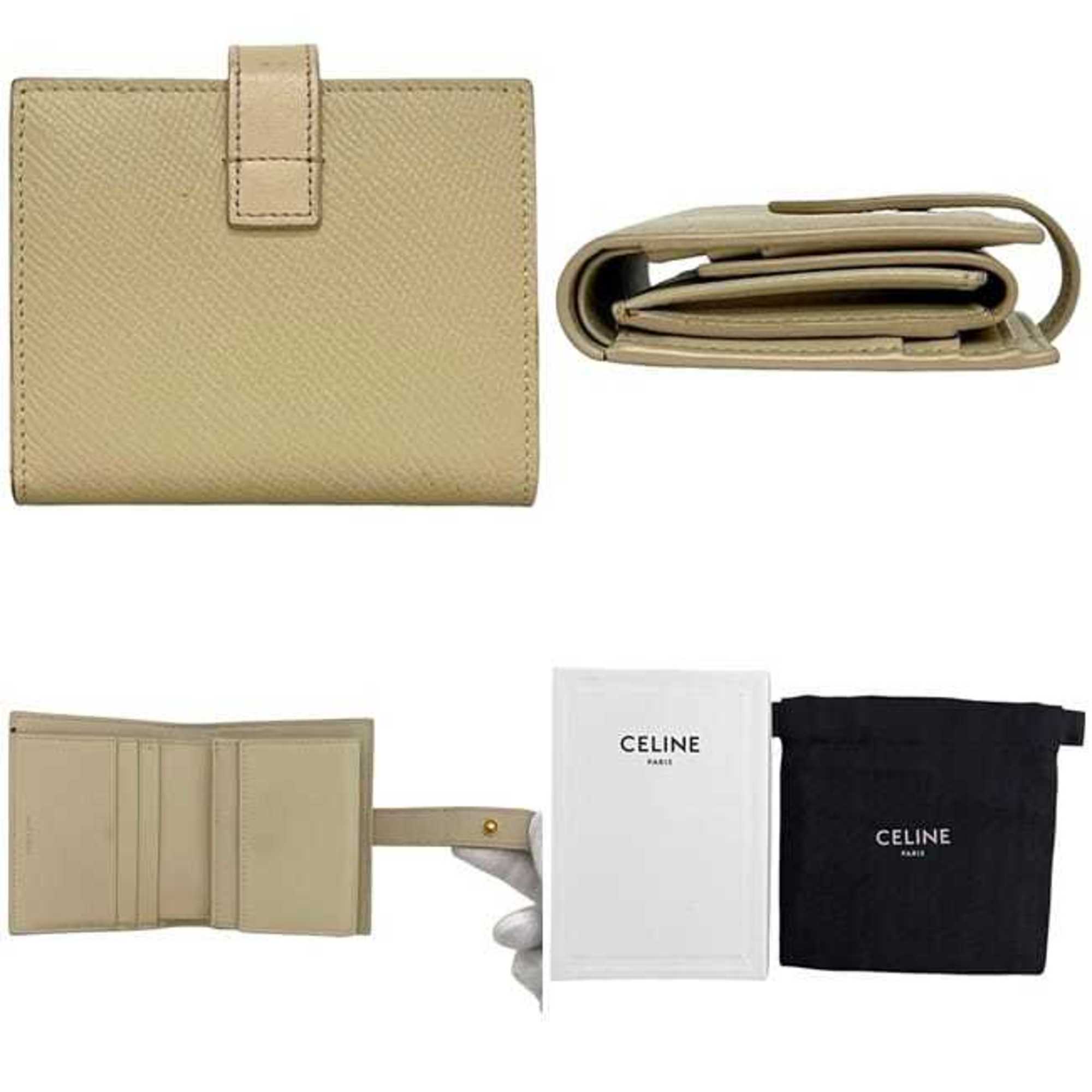 Celine Bifold Small Strap Bag f-24264 Cream Beige 10H263BRU.03LW Leather S-FG-4280 CELINE Flap Grained Women's and Men's