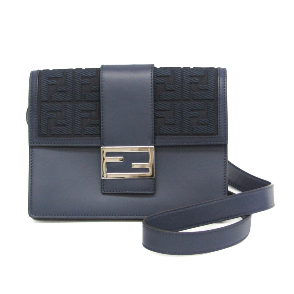 Fendi Flat Baguette Medium 7VA524 Women's Leather,Canvas Shoulder Bag Navy — Like New