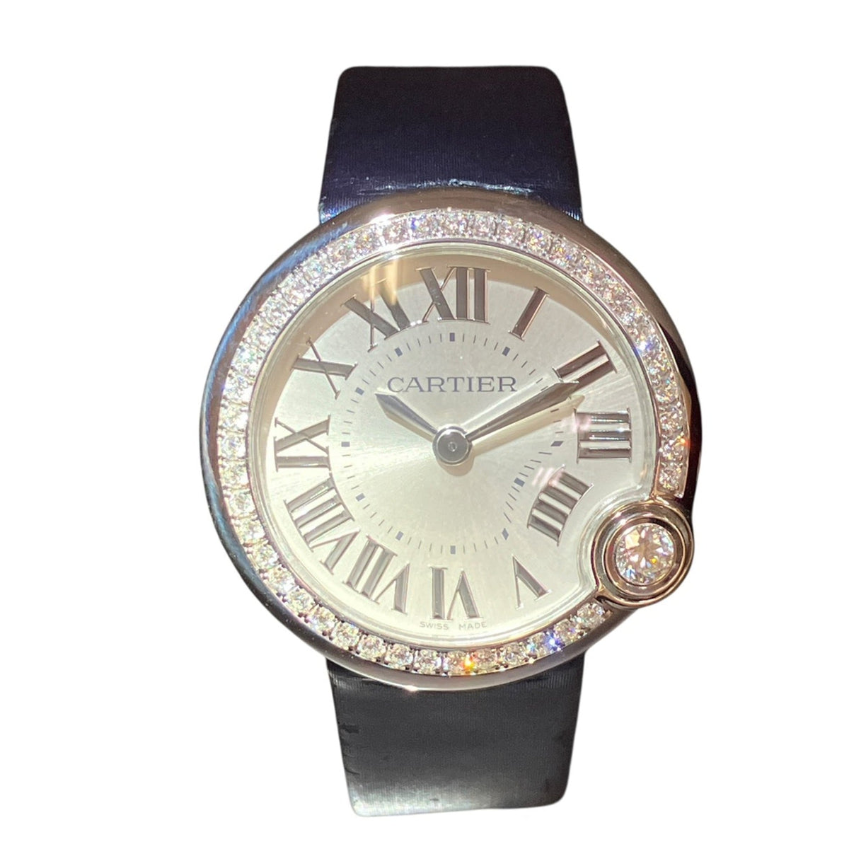 Cartier Ballon Bleu de watch, total weight 27.7g, stainless steel, genuine leather strap, diamonds, quartz movement, silver dial, W4BL0002 — Very Good
