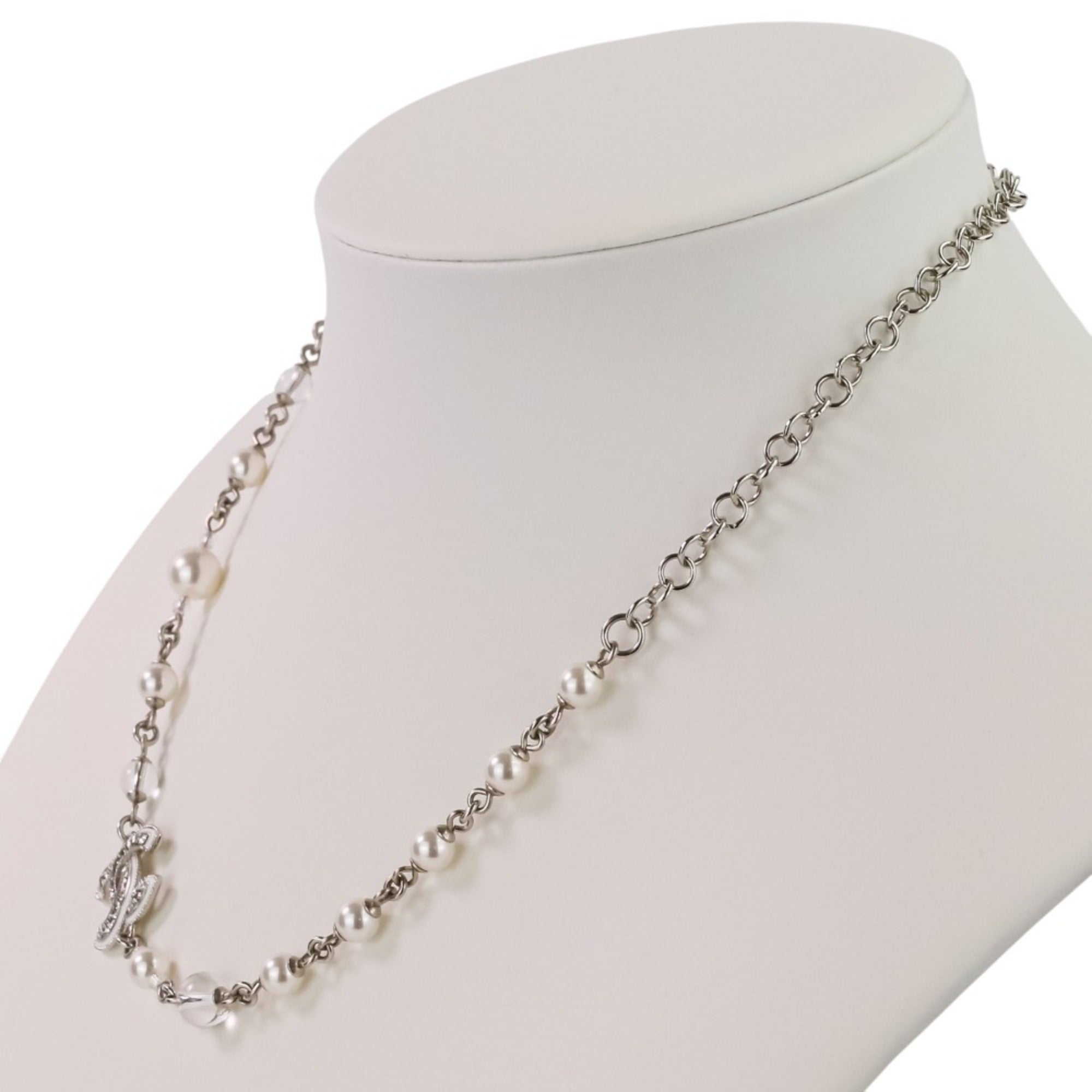 A25C CHANEL Rhinestone Coco Mark Pearl Necklace, Silver/White, Women's — Like New