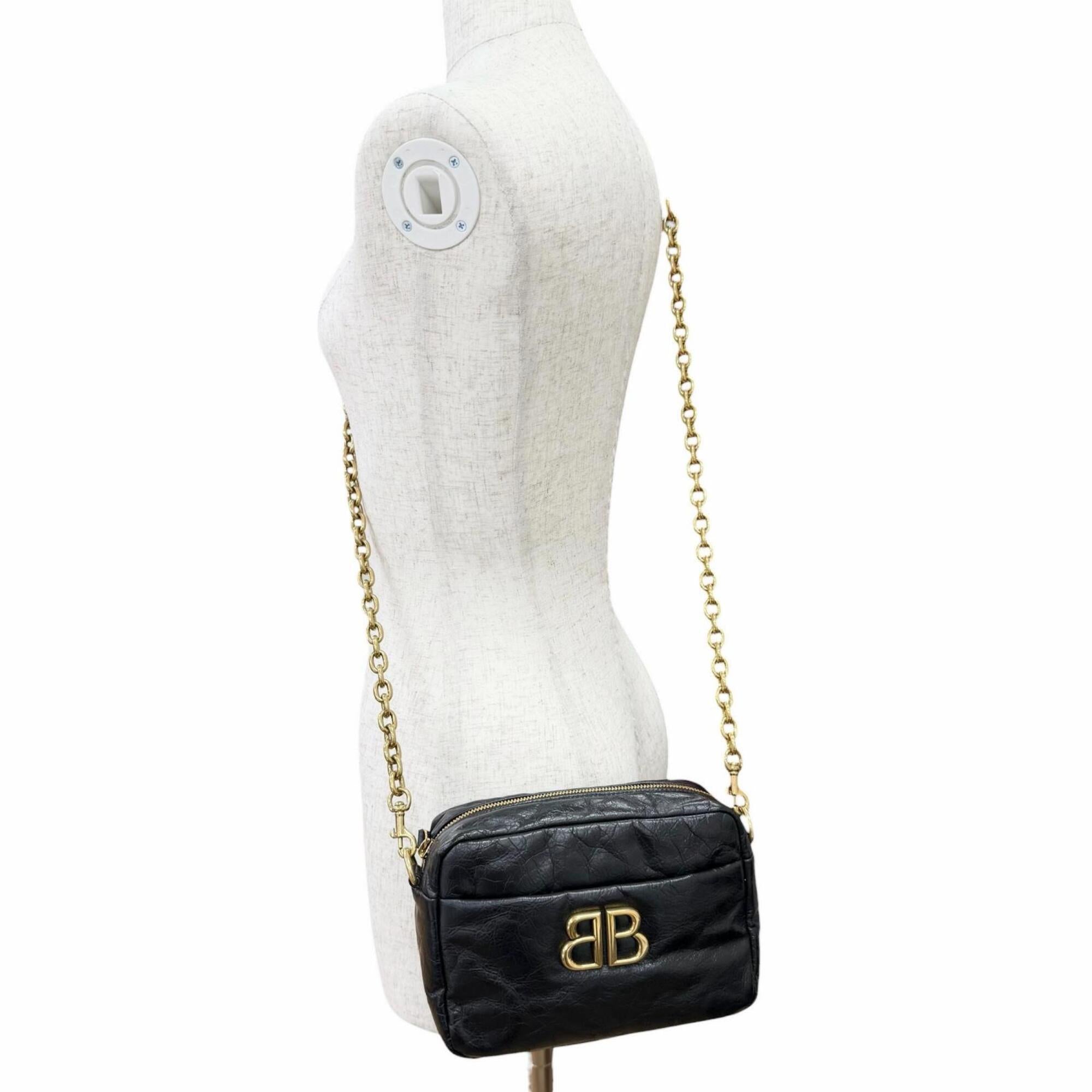 BALENCIAGA 806459 Monaco Arena Calfskin Camera Bag Chain Shoulder Black Antique Gold Hardware Made in Italy Women's — Like New