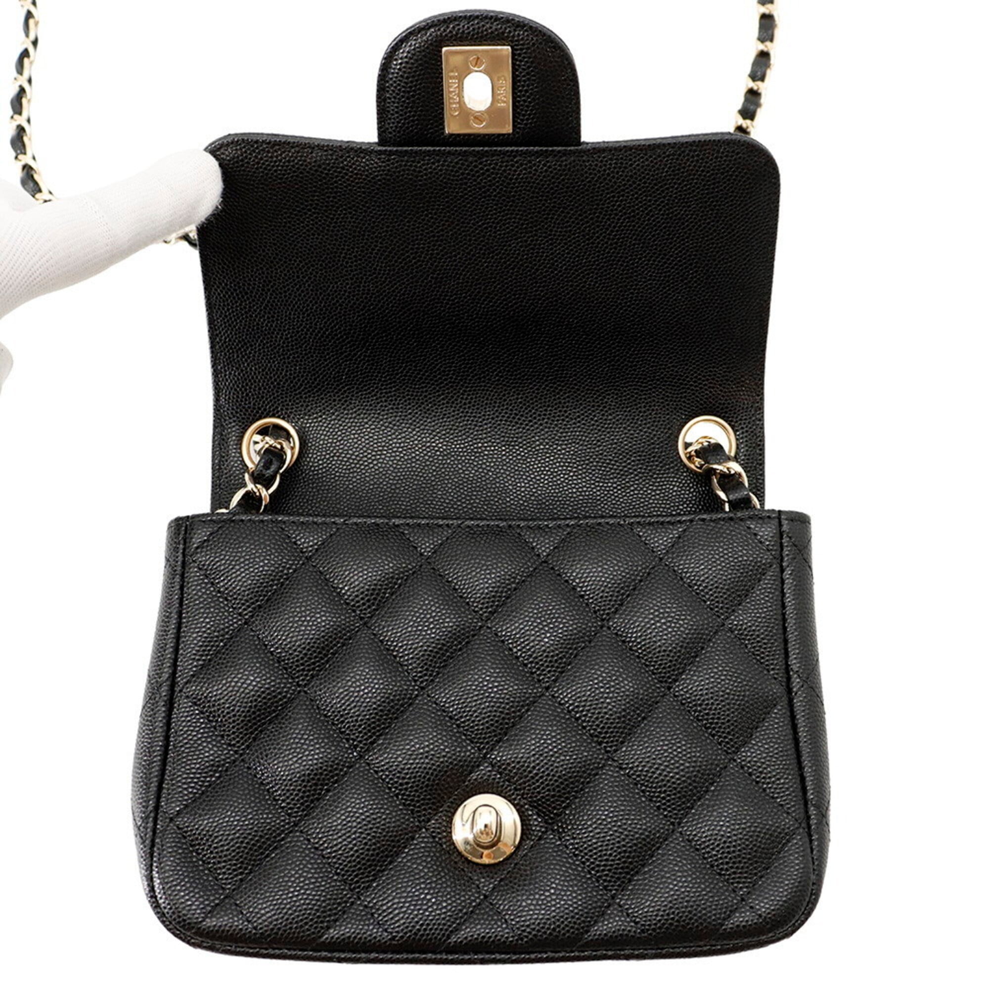 Chanel Chain Shoulder Bag Matelassé Coco Mark Caviar Skin Mini A35200 CHANEL Black Handbag Women's — Like New
