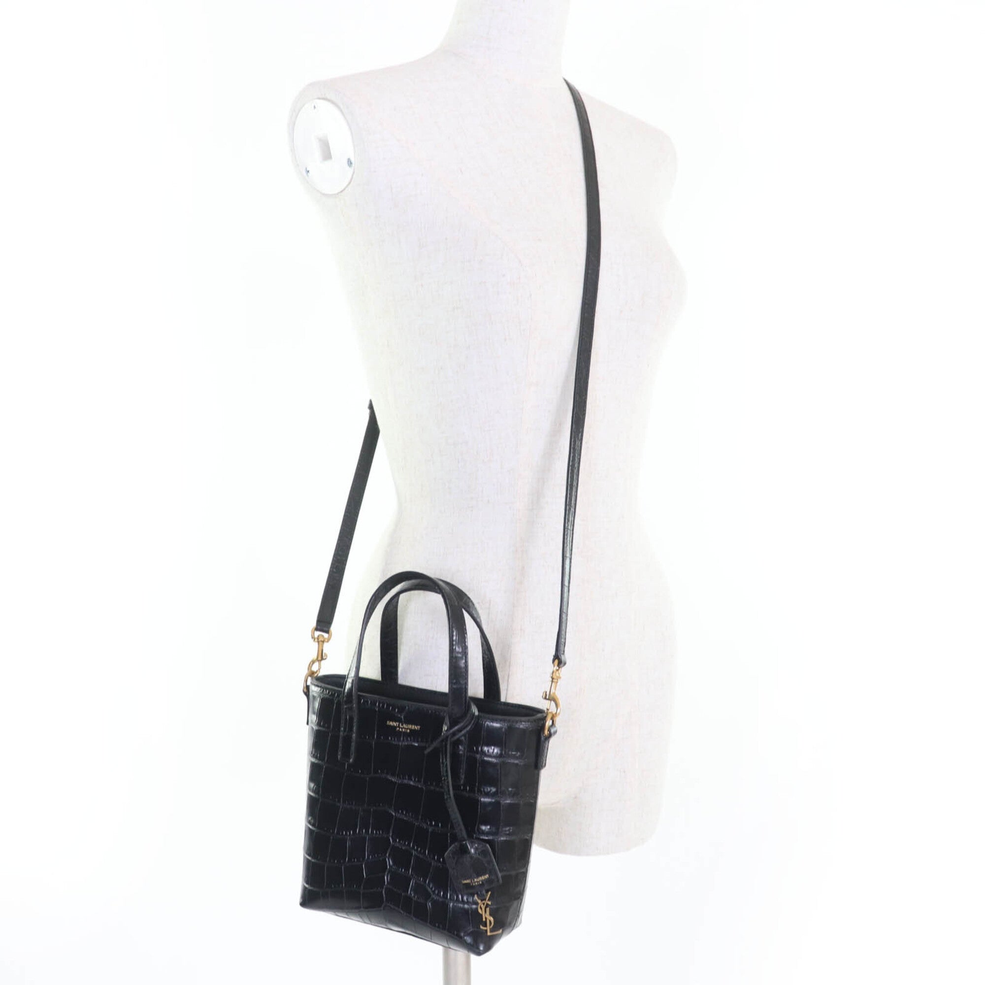 SAINT LAURENT 712367 Mini Toy Shopping Leather Crocodile Embossed 2-Way Handbag/Shoulder Bag, Black, with Box and Dust Made in Italy, Women's — Like New